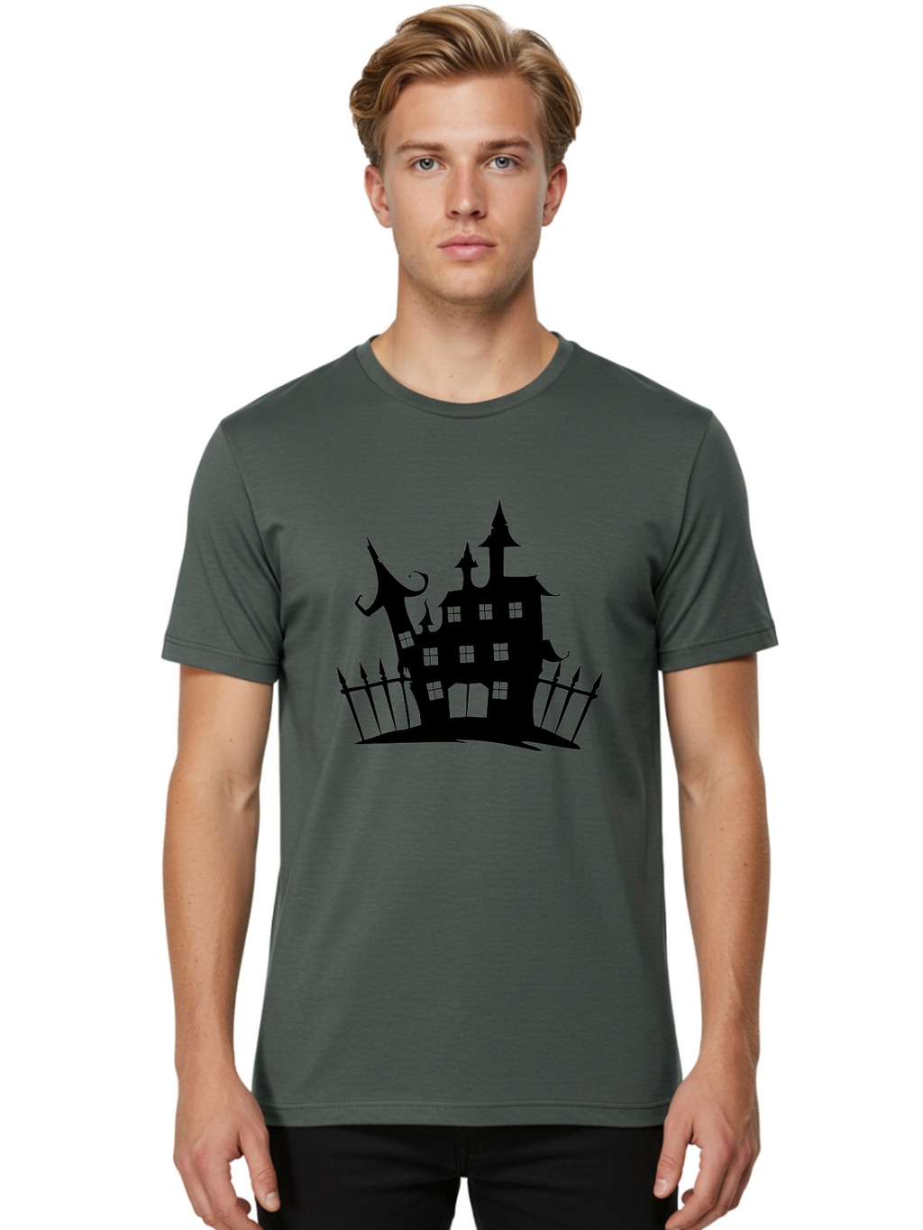 Haunted-House-1 Men'S Graphic Tee, 100% Cotton, Comfortable Casual Summer Wear, Machine Washable, Haunted Mansion, Creepy House, Horror Theme, Spooky Atmosphere, Gothic Architecture, Haunted Location, Eerie Vibe, Black Silhouette Aab223