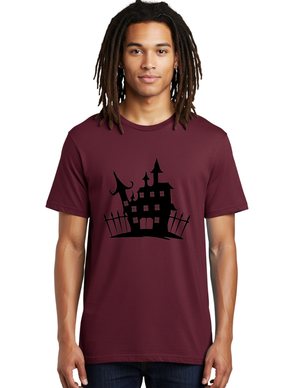 Haunted-House-1 Men'S Graphic Tee, 100% Cotton, Comfortable Casual Summer Wear, Machine Washable, Haunted Mansion, Creepy House, Horror Theme, Spooky Atmosphere, Gothic Architecture, Haunted Location, Eerie Vibe, Black Silhouette Aab223