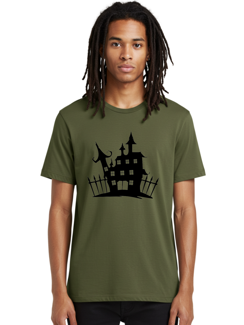 Haunted-House-1 Men'S Graphic Tee, 100% Cotton, Comfortable Casual Summer Wear, Machine Washable, Haunted Mansion, Creepy House, Horror Theme, Spooky Atmosphere, Gothic Architecture, Haunted Location, Eerie Vibe, Black Silhouette Aab223