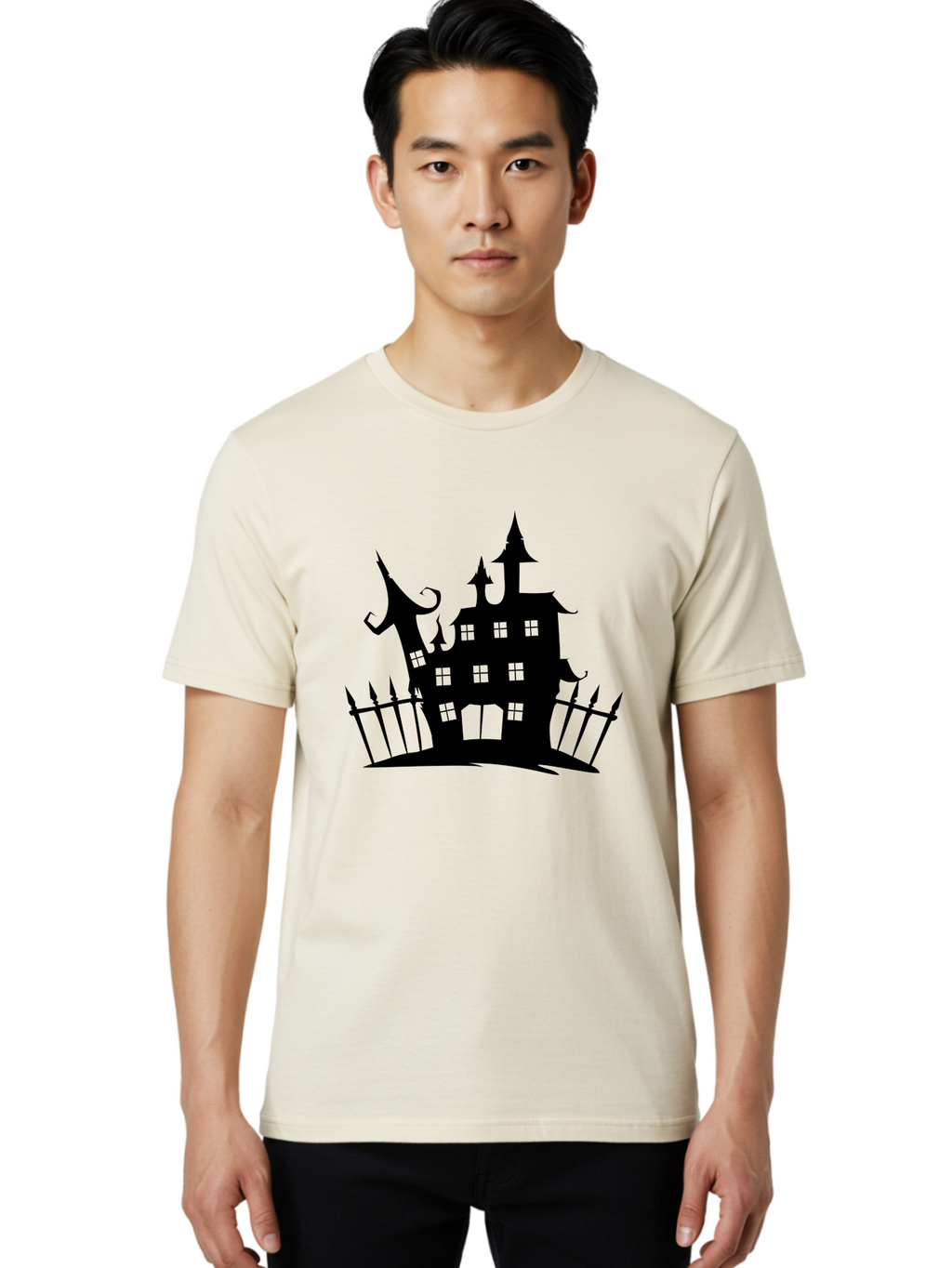 Haunted-House-1 Men'S Graphic Tee, 100% Cotton, Comfortable Casual Summer Wear, Machine Washable, Haunted Mansion, Creepy House, Horror Theme, Spooky Atmosphere, Gothic Architecture, Haunted Location, Eerie Vibe, Black Silhouette Aab223