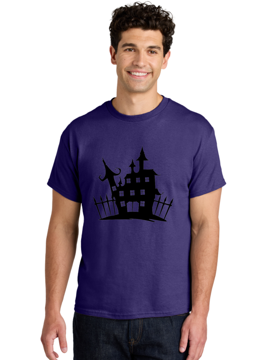 Haunted-House-1 Men'S Graphic Tee, 100% Cotton, Comfortable Casual Summer Wear, Machine Washable, Haunted Mansion, Creepy House, Horror Theme, Spooky Atmosphere, Gothic Architecture, Haunted Location, Eerie Vibe, Black Silhouette Aab223