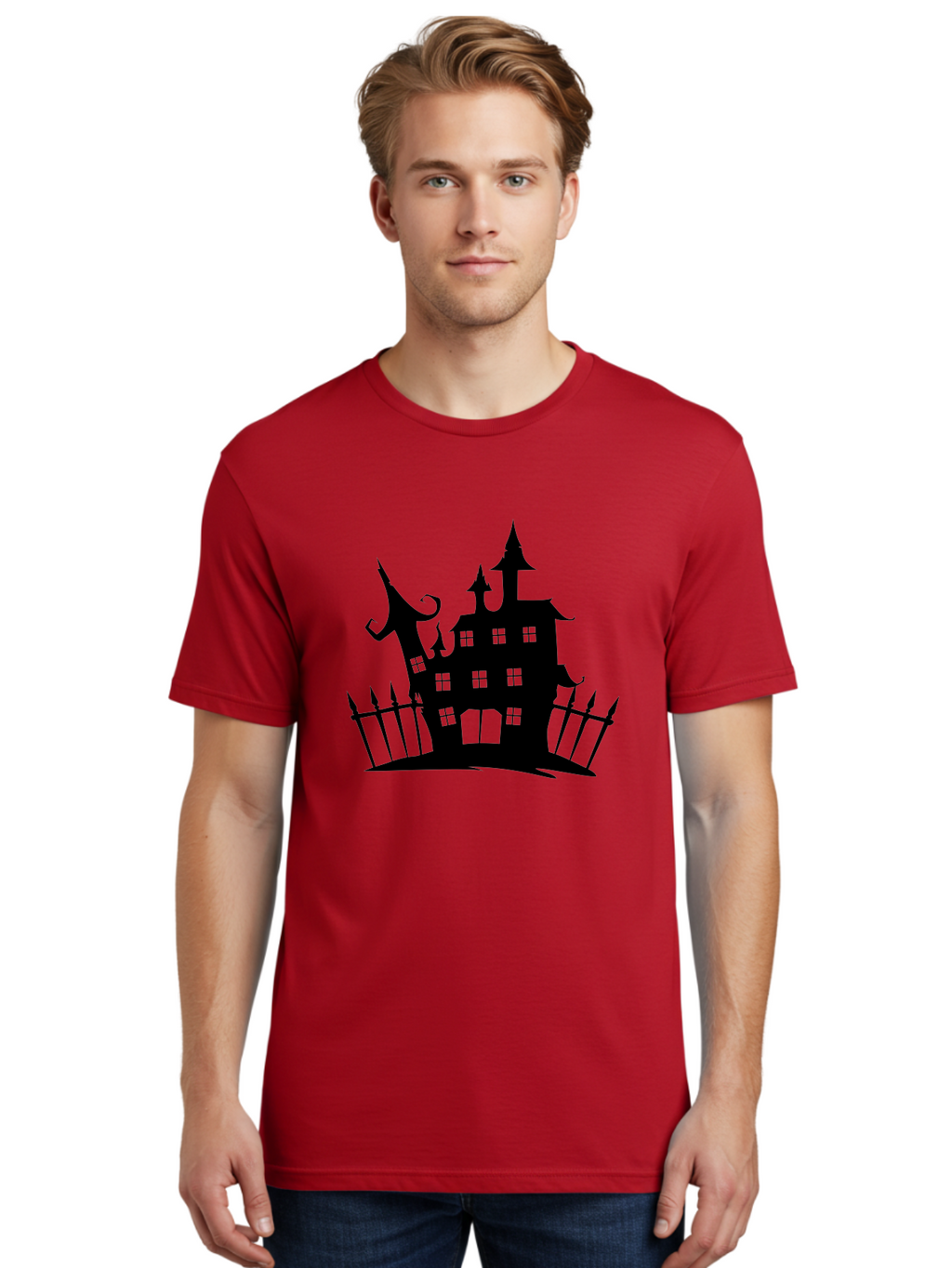 Haunted-House-1 Men'S Graphic Tee, 100% Cotton, Comfortable Casual Summer Wear, Machine Washable, Haunted Mansion, Creepy House, Horror Theme, Spooky Atmosphere, Gothic Architecture, Haunted Location, Eerie Vibe, Black Silhouette Aab223