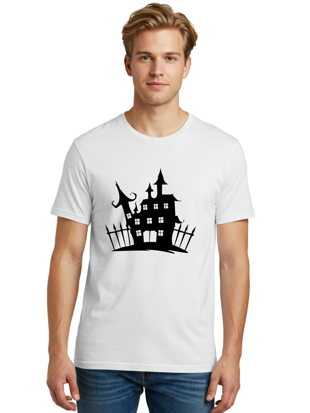 Haunted-House-1 Men'S Graphic Tee, 100% Cotton, Comfortable Casual Summer Wear, Machine Washable, Haunted Mansion, Creepy House, Horror Theme, Spooky Atmosphere, Gothic Architecture, Haunted Location, Eerie Vibe, Black Silhouette Aab223