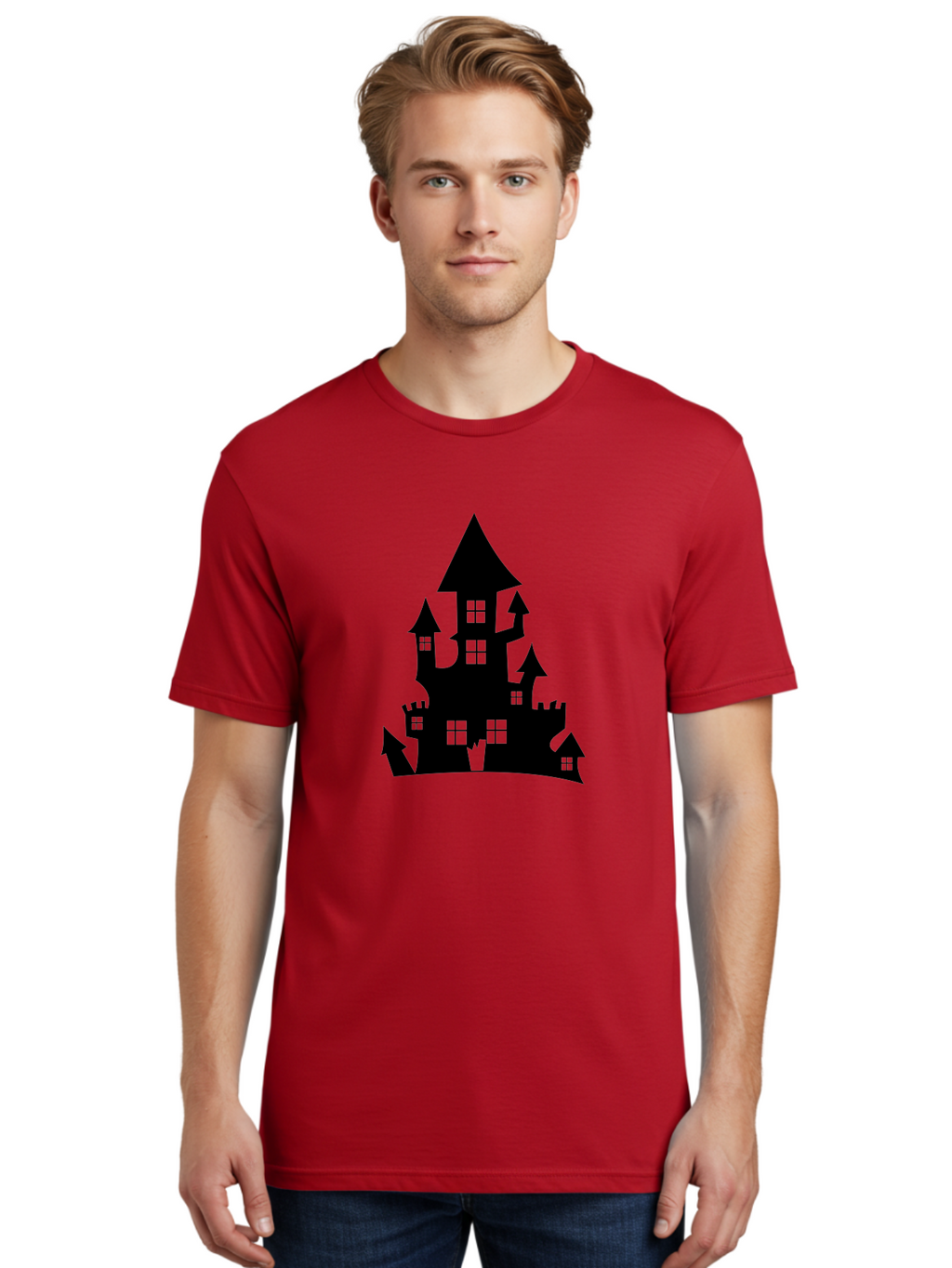 Haunted-House-Silhouette-1 Men'S Graphic Tee, 100% Cotton, Comfortable Casual Summer Wear, Machine Washable, Medieval Castle, Black Silhouette, Fantasy Architecture, Mysterious Atmosphere, Gothic Style, Spooky Vibe, Dark Magic, Haunted House, Aab224
