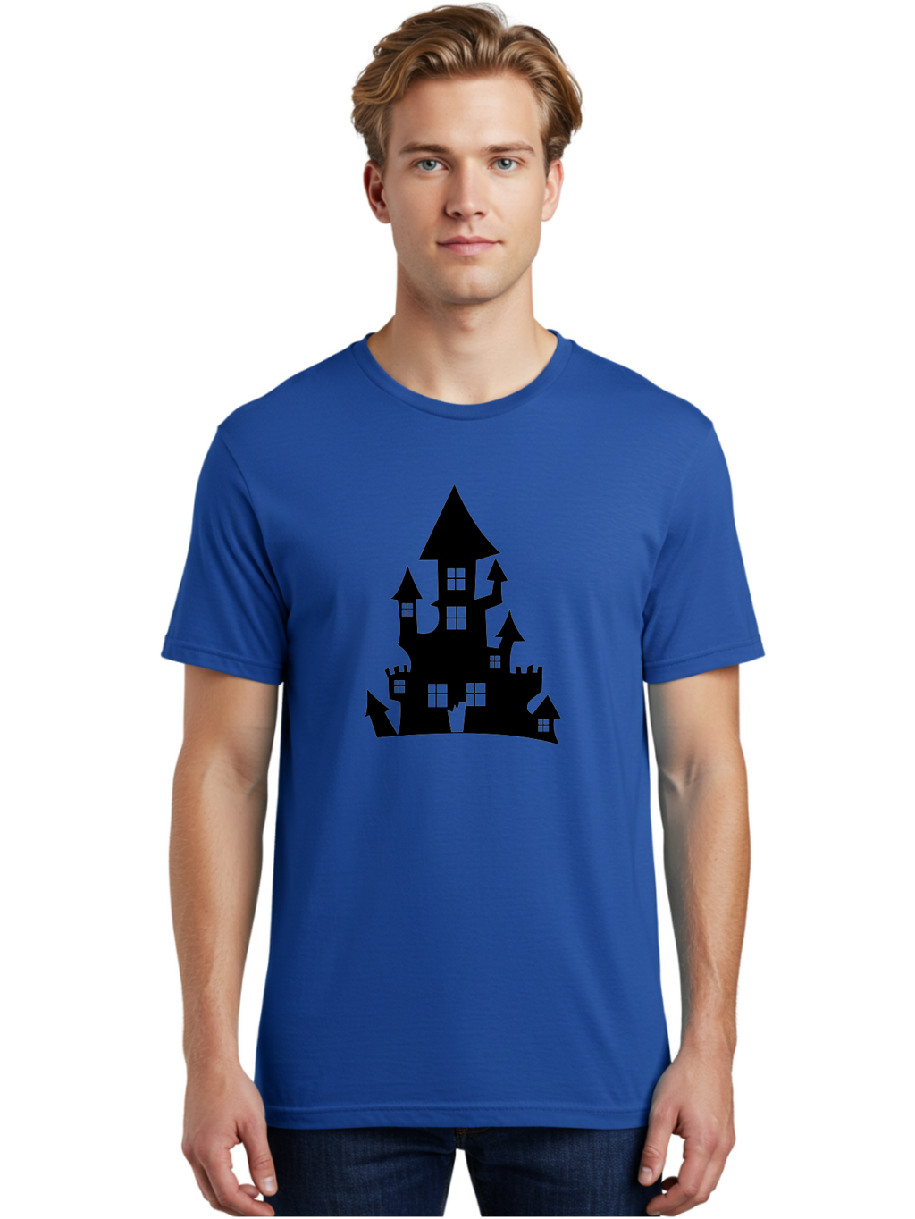 Haunted-House-Silhouette-1 Men'S Graphic Tee, 100% Cotton, Comfortable Casual Summer Wear, Machine Washable, Medieval Castle, Black Silhouette, Fantasy Architecture, Mysterious Atmosphere, Gothic Style, Spooky Vibe, Dark Magic, Haunted House, Aab224