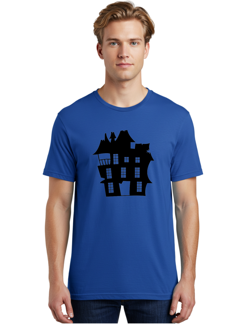 Haunted-House-Silhouette Men'S Graphic Tee, 100% Cotton, Comfortable Casual Summer Wear, Machine Washable, Haunted Mansion, Spooky Silhouette, Eerie Architecture, Creepy House, Haunted Building, Dark Atmosphere, Gothic Style, Mysterious Home Aab226