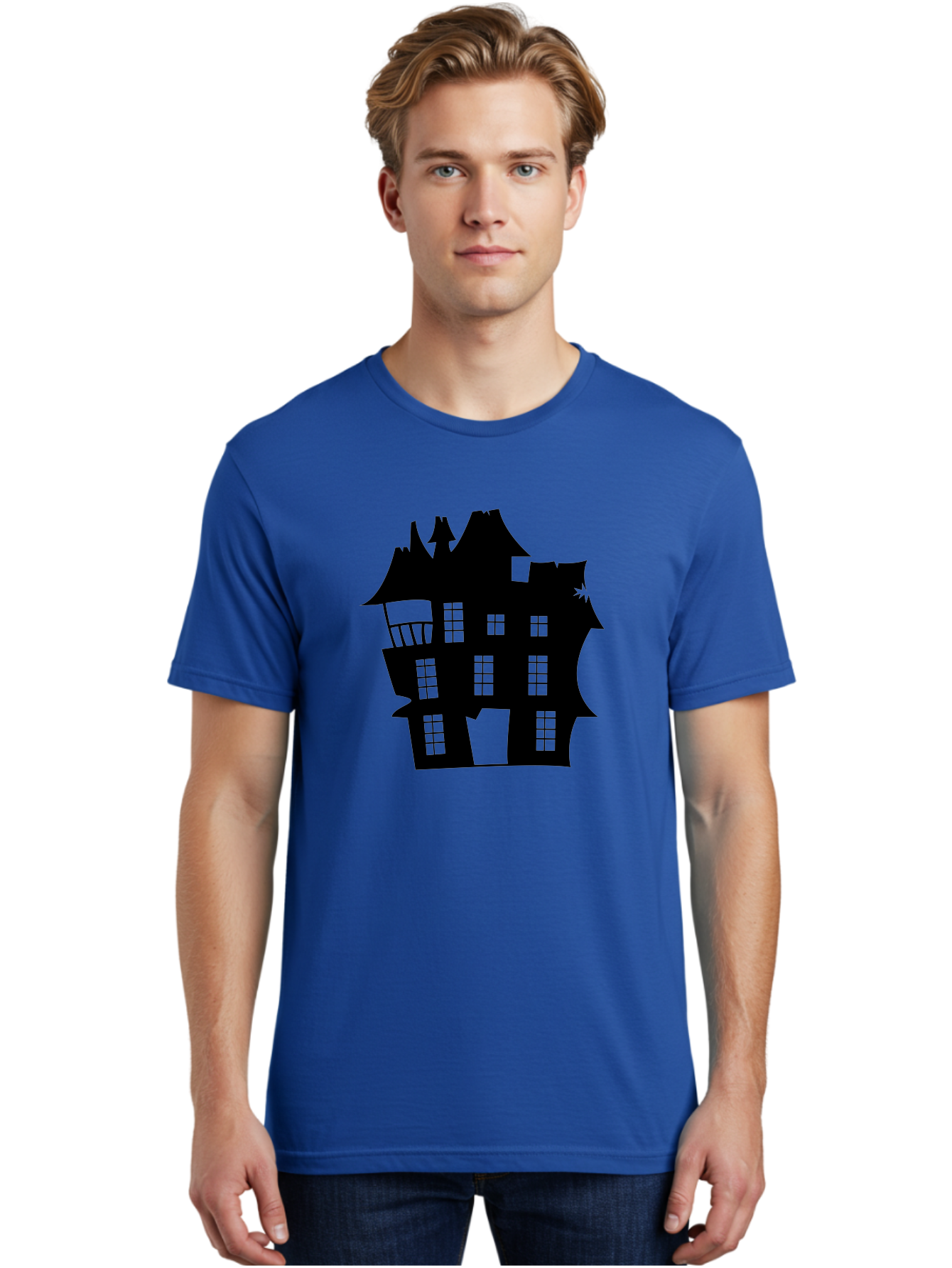 Haunted-House-Silhouette Men'S Graphic Tee, 100% Cotton, Comfortable Casual Summer Wear, Machine Washable, Haunted Mansion, Spooky Silhouette, Eerie Architecture, Creepy House, Haunted Building, Dark Atmosphere, Gothic Style, Mysterious Home Aab226