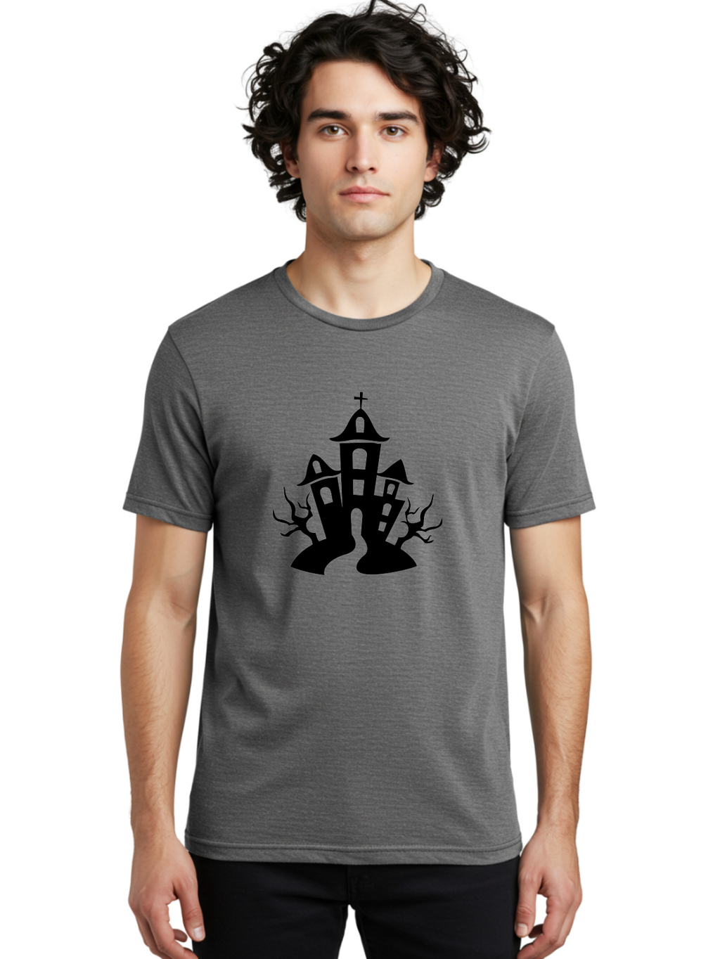 Haunted-House Men'S Graphic Tee, 100% Cotton, Comfortable Casual Summer Wear, Machine Washable, Haunted Church, Spooky Atmosphere, Gothic Architecture, Creepy Trees, Halloween Theme, Eerie Silhouette, Black Church, Cross On Top, Haunted House Aab227