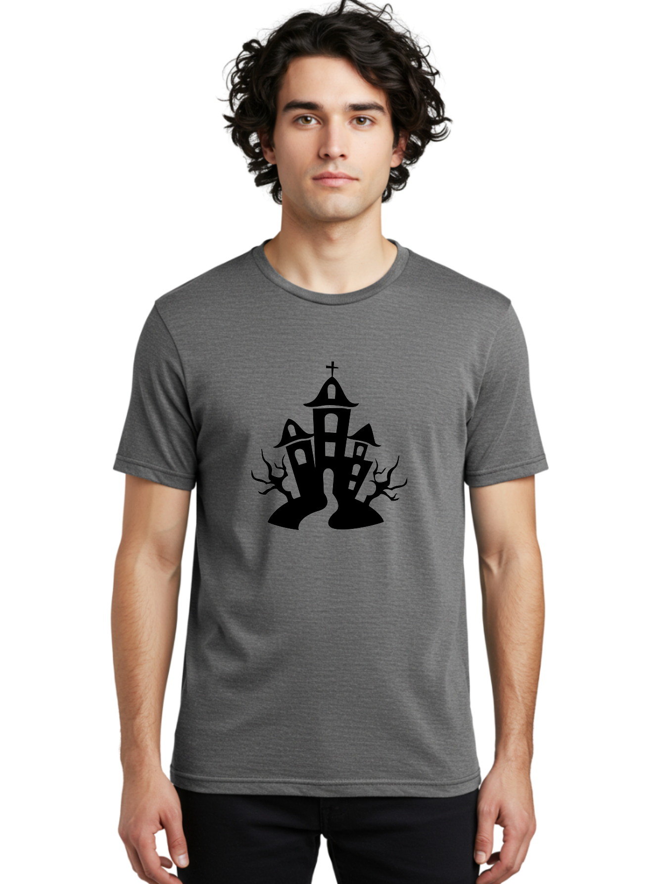 Haunted-House Men'S Graphic Tee, 100% Cotton, Comfortable Casual Summer Wear, Machine Washable, Haunted Church, Spooky Atmosphere, Gothic Architecture, Creepy Trees, Halloween Theme, Eerie Silhouette, Black Church, Cross On Top, Haunted House Aab227