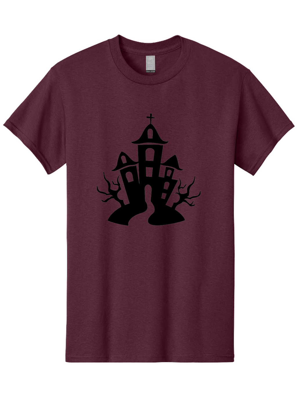 Haunted-House Men'S Graphic Tee, 100% Cotton, Comfortable Casual Summer Wear, Machine Washable, Haunted Church, Spooky Atmosphere, Gothic Architecture, Creepy Trees, Halloween Theme, Eerie Silhouette, Black Church, Cross On Top, Haunted House Aab227