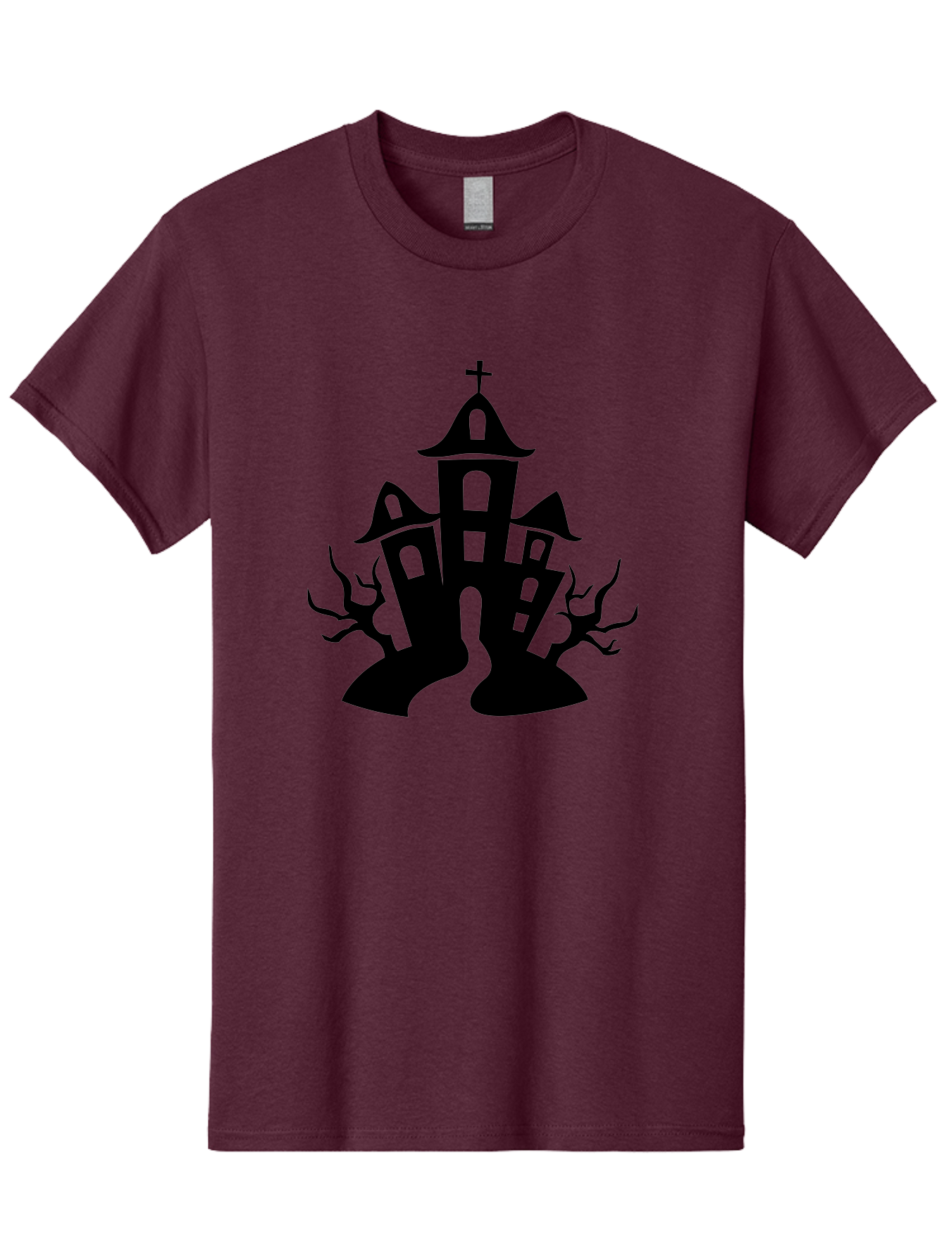 Haunted-House Men'S Graphic Tee, 100% Cotton, Comfortable Casual Summer Wear, Machine Washable, Haunted Church, Spooky Atmosphere, Gothic Architecture, Creepy Trees, Halloween Theme, Eerie Silhouette, Black Church, Cross On Top, Haunted House Aab227