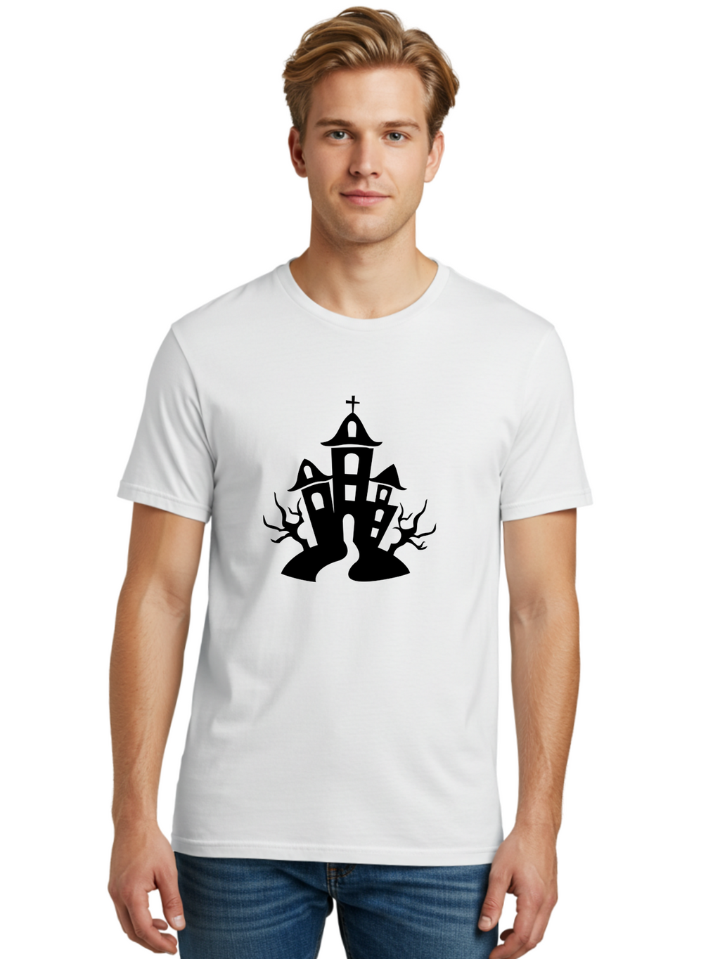 Haunted-House Men'S Graphic Tee, 100% Cotton, Comfortable Casual Summer Wear, Machine Washable, Haunted Church, Spooky Atmosphere, Gothic Architecture, Creepy Trees, Halloween Theme, Eerie Silhouette, Black Church, Cross On Top, Haunted House Aab227