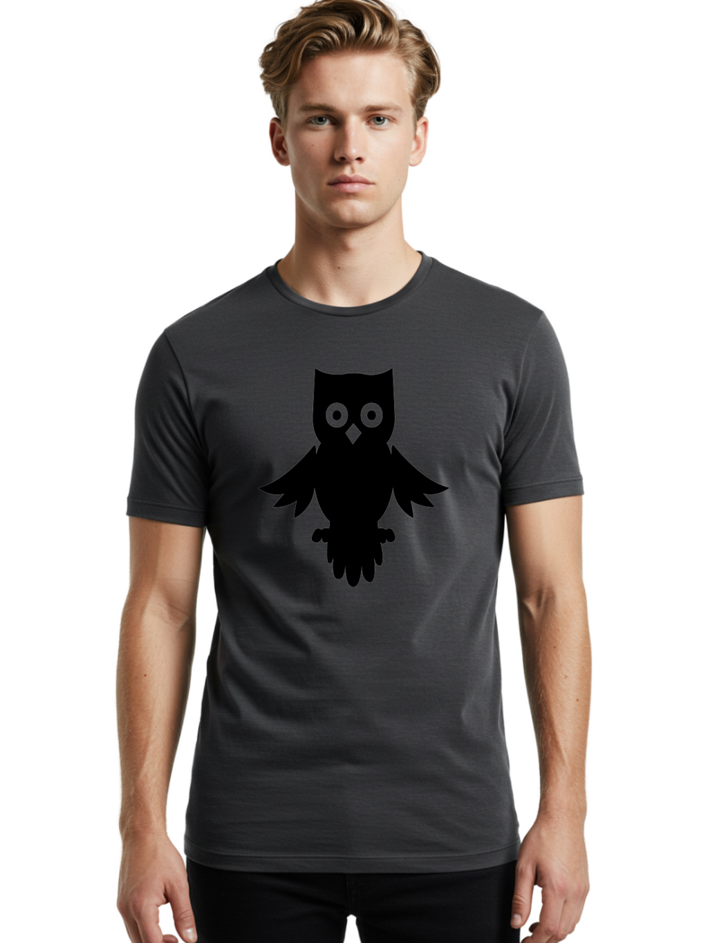 Owl-Silhouette Men'S Graphic Tee, 100% Cotton, Comfortable Casual Summer Wear, Machine Washable, Owl Silhouette, Black Owl, Green Eyes, Diamond Beak, Wingspan, Nocturnal Bird, Wise Animal, Cartoon Style, Simple Design, Owl Art Aab231