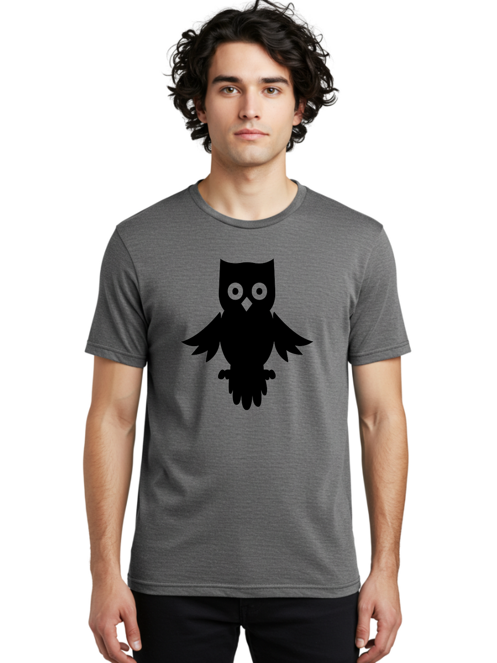 Owl-Silhouette Men'S Graphic Tee, 100% Cotton, Comfortable Casual Summer Wear, Machine Washable, Owl Silhouette, Black Owl, Green Eyes, Diamond Beak, Wingspan, Nocturnal Bird, Wise Animal, Cartoon Style, Simple Design, Owl Art Aab231