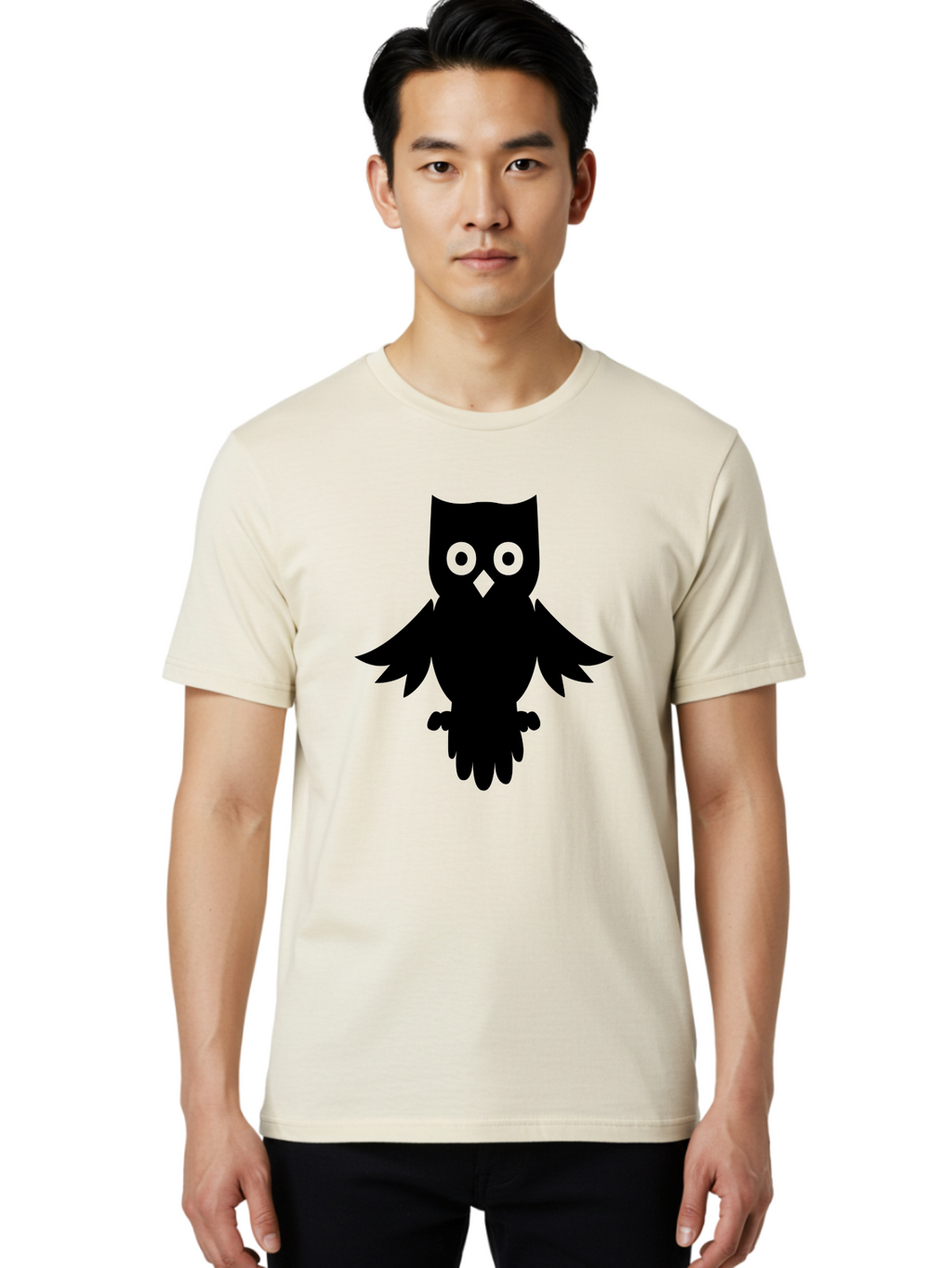Owl-Silhouette Men'S Graphic Tee, 100% Cotton, Comfortable Casual Summer Wear, Machine Washable, Owl Silhouette, Black Owl, Green Eyes, Diamond Beak, Wingspan, Nocturnal Bird, Wise Animal, Cartoon Style, Simple Design, Owl Art Aab231