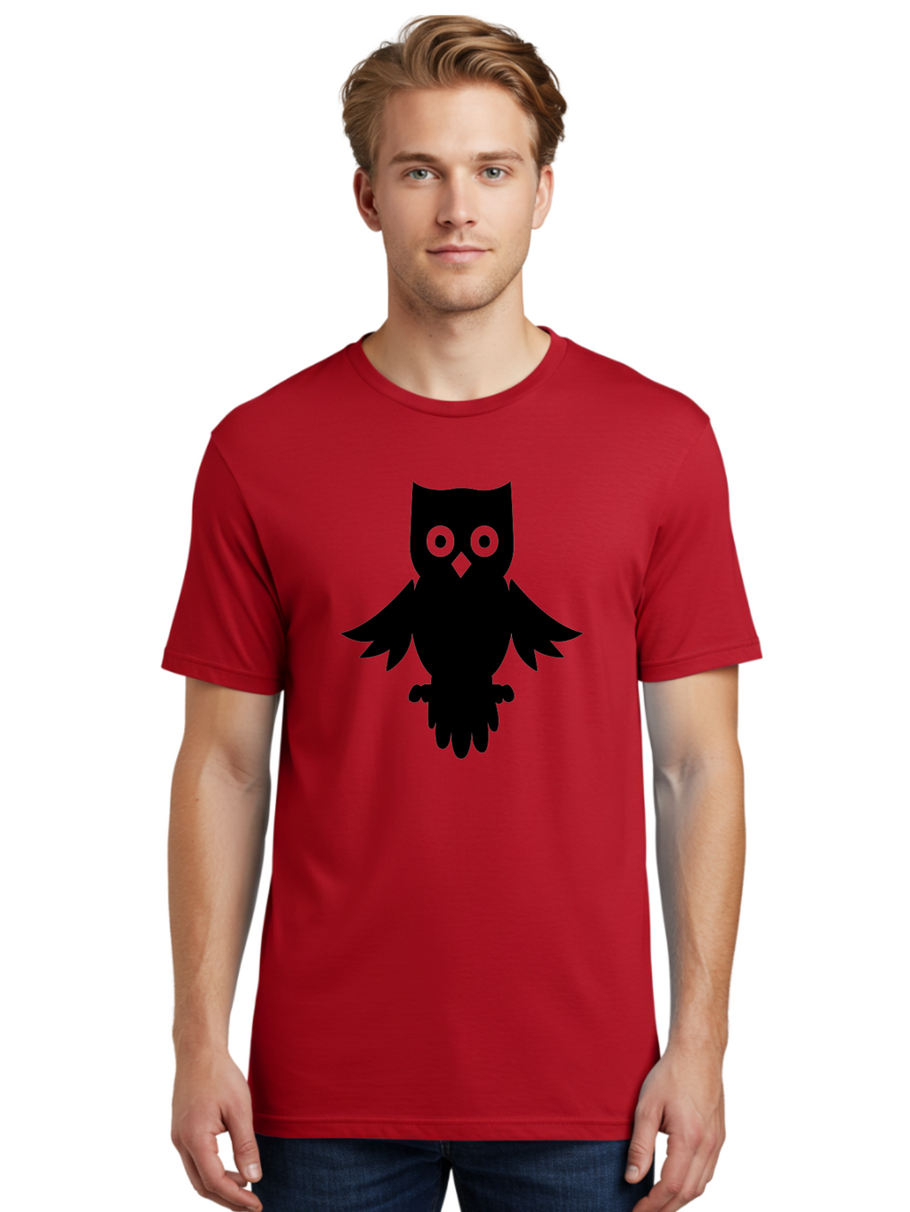 Owl-Silhouette Men'S Graphic Tee, 100% Cotton, Comfortable Casual Summer Wear, Machine Washable, Owl Silhouette, Black Owl, Green Eyes, Diamond Beak, Wingspan, Nocturnal Bird, Wise Animal, Cartoon Style, Simple Design, Owl Art Aab231