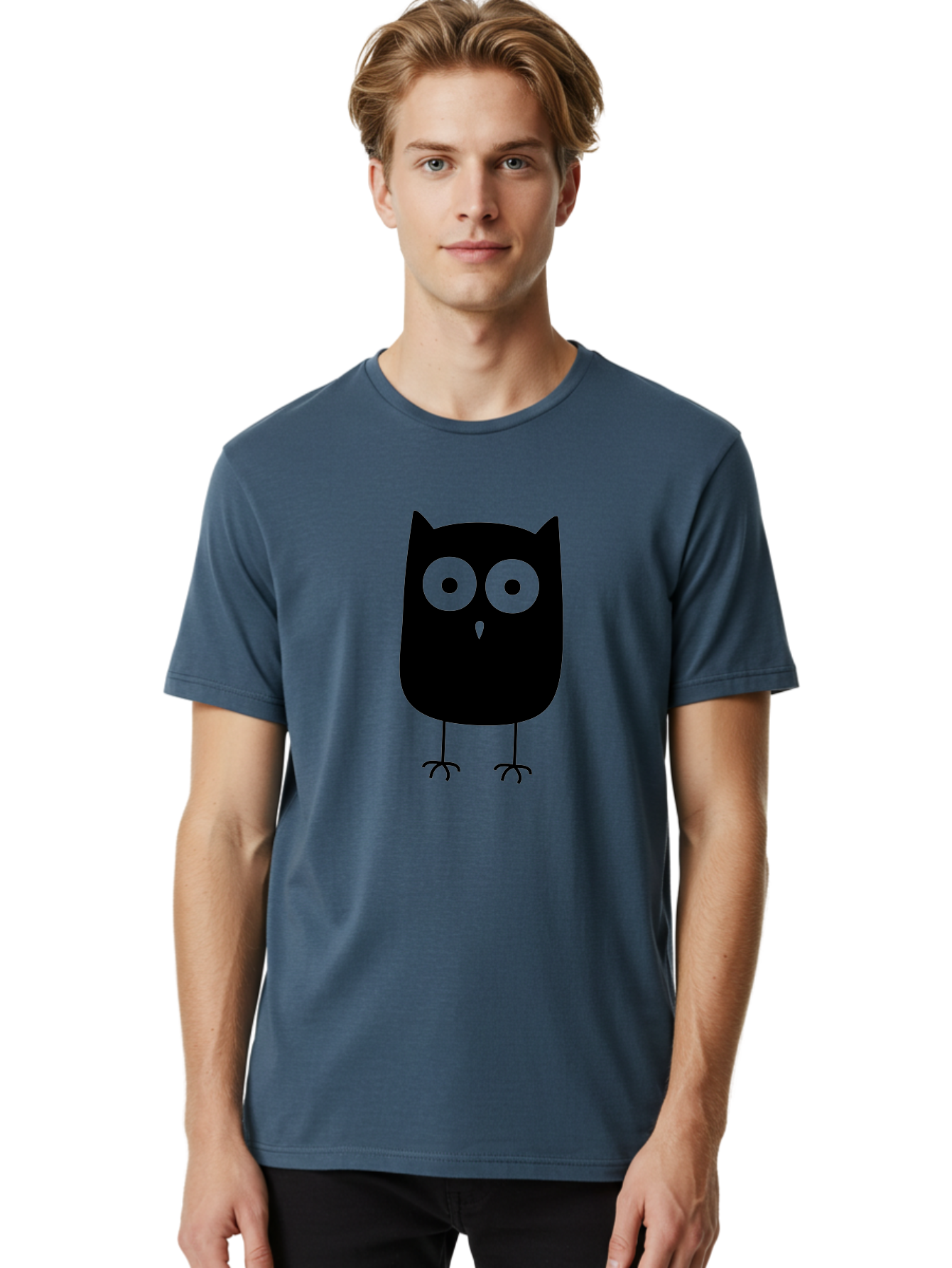 Owl Men'S Graphic Tee, 100% Cotton, Comfortable Casual Summer Wear, Machine Washable, Cartoon Owl, Simple Design, Black Silhouette, Green Eyes, Cute Illustration, Minimalist Art, Bird Character, Graphic Design Element Aab232
