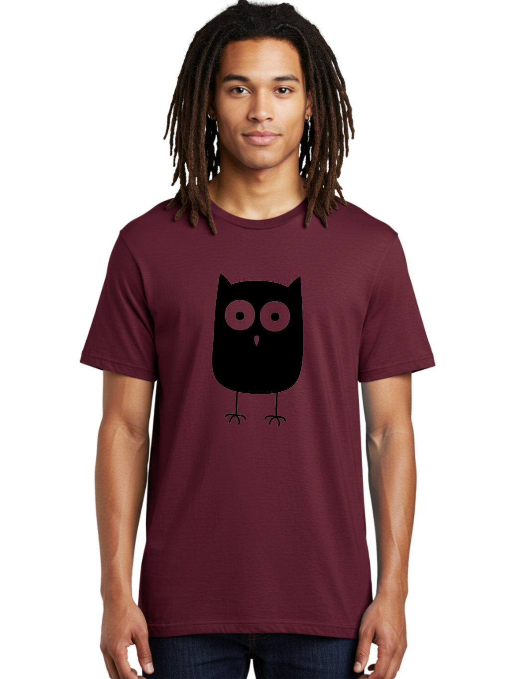 Owl Men'S Graphic Tee, 100% Cotton, Comfortable Casual Summer Wear, Machine Washable, Cartoon Owl, Simple Design, Black Silhouette, Green Eyes, Cute Illustration, Minimalist Art, Bird Character, Graphic Design Element Aab232