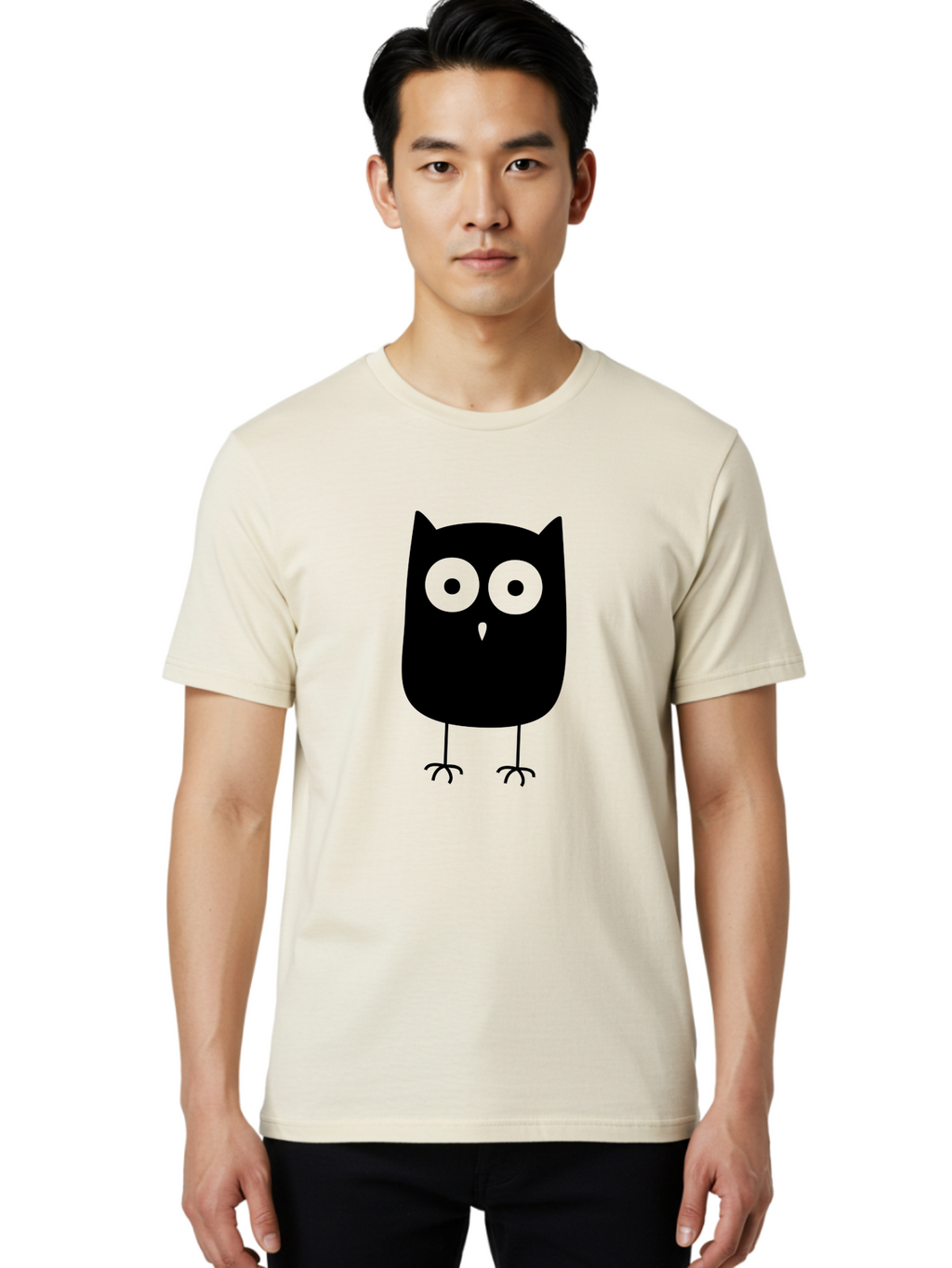 Owl Men'S Graphic Tee, 100% Cotton, Comfortable Casual Summer Wear, Machine Washable, Cartoon Owl, Simple Design, Black Silhouette, Green Eyes, Cute Illustration, Minimalist Art, Bird Character, Graphic Design Element Aab232