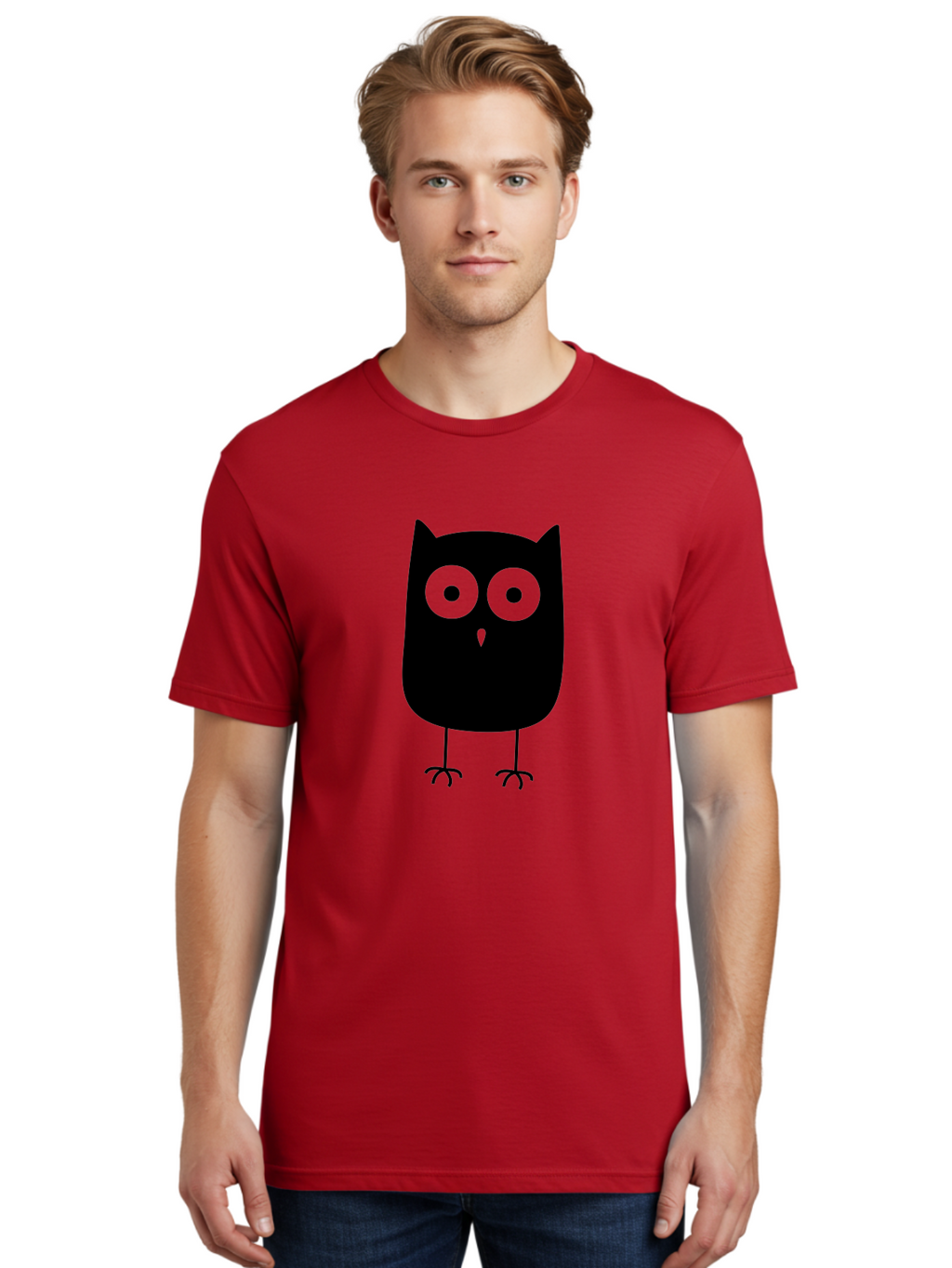 Owl Men'S Graphic Tee, 100% Cotton, Comfortable Casual Summer Wear, Machine Washable, Cartoon Owl, Simple Design, Black Silhouette, Green Eyes, Cute Illustration, Minimalist Art, Bird Character, Graphic Design Element Aab232
