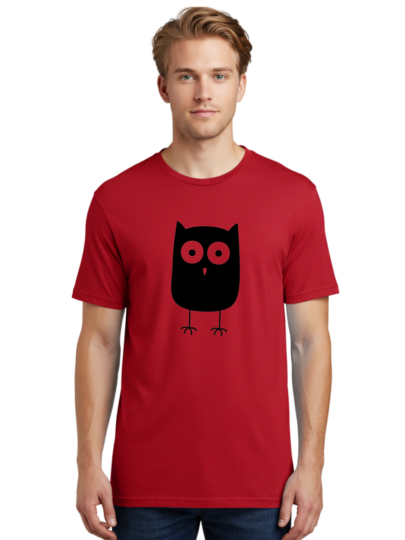 Owl Men'S Graphic Tee, 100% Cotton, Comfortable Casual Summer Wear, Machine Washable, Cartoon Owl, Simple Design, Black Silhouette, Green Eyes, Cute Illustration, Minimalist Art, Bird Character, Graphic Design Element Aab232