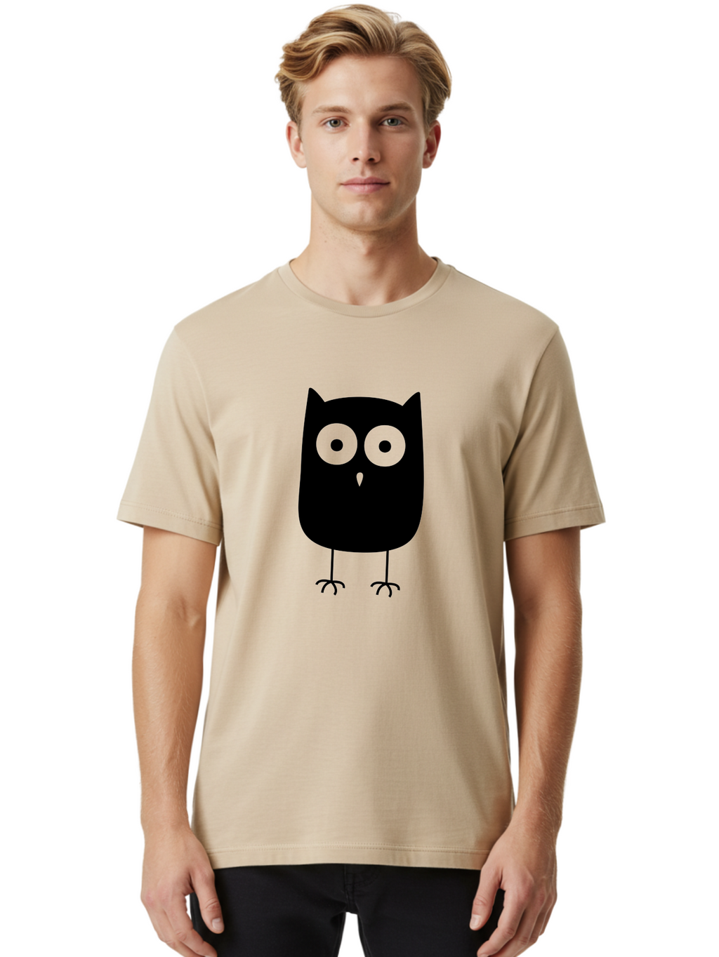 Owl Men'S Graphic Tee, 100% Cotton, Comfortable Casual Summer Wear, Machine Washable, Cartoon Owl, Simple Design, Black Silhouette, Green Eyes, Cute Illustration, Minimalist Art, Bird Character, Graphic Design Element Aab232