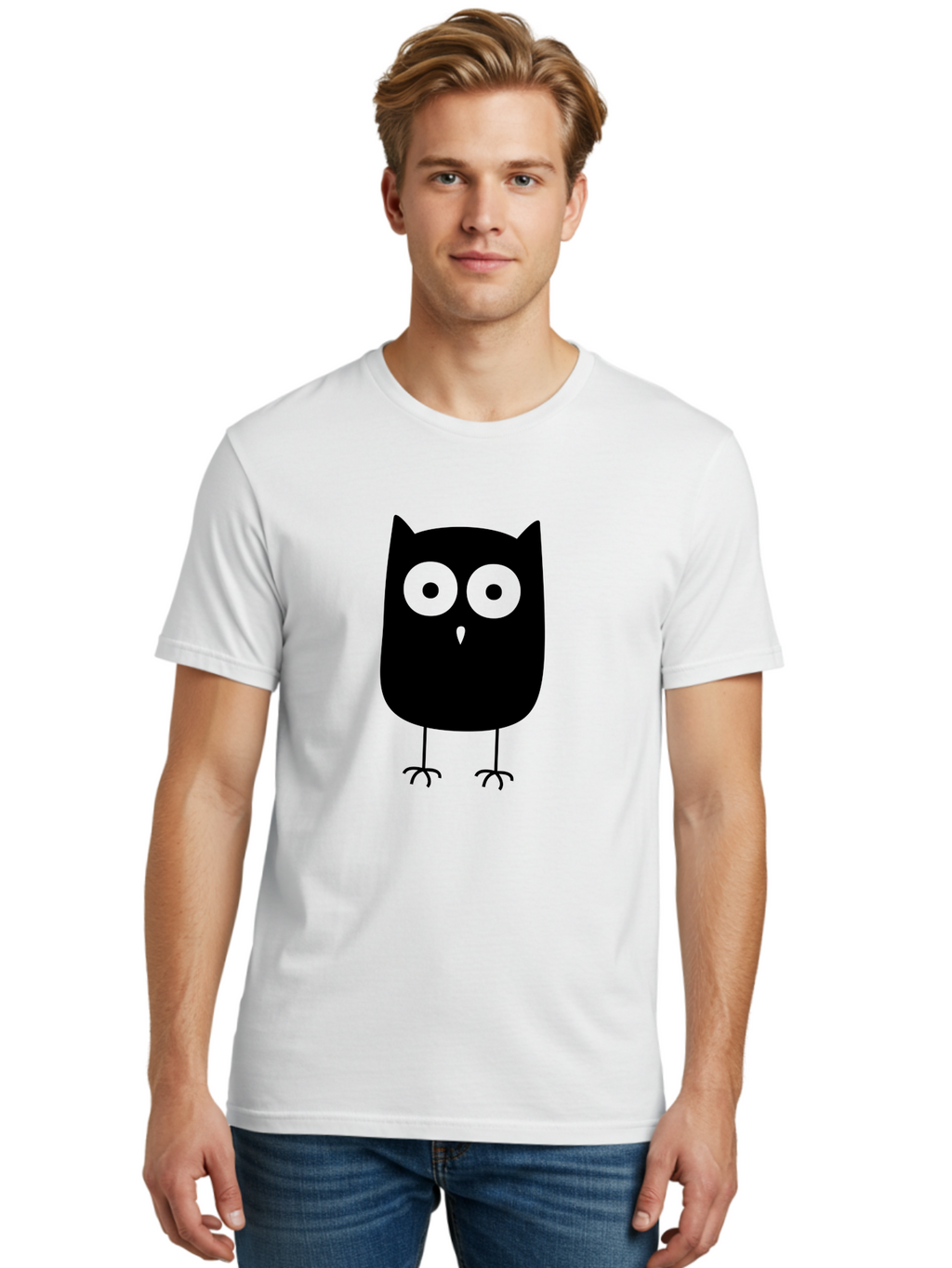 Owl Men'S Graphic Tee, 100% Cotton, Comfortable Casual Summer Wear, Machine Washable, Cartoon Owl, Simple Design, Black Silhouette, Green Eyes, Cute Illustration, Minimalist Art, Bird Character, Graphic Design Element Aab232