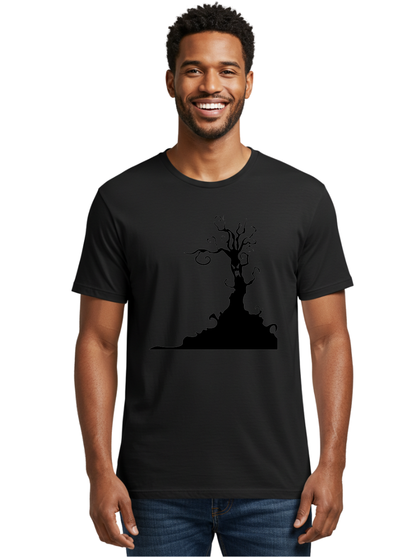 Tree-Silhouette Men'S Graphic Tee, 100% Cotton, Comfortable Casual Summer Wear, Machine Washable, Twisted Tree, Spooky Atmosphere, Mysterious Forest, Gothic Landscape, Bare Branches, Eerie Silhouette, Dark Fantasy, Haunting Imagery Aab235