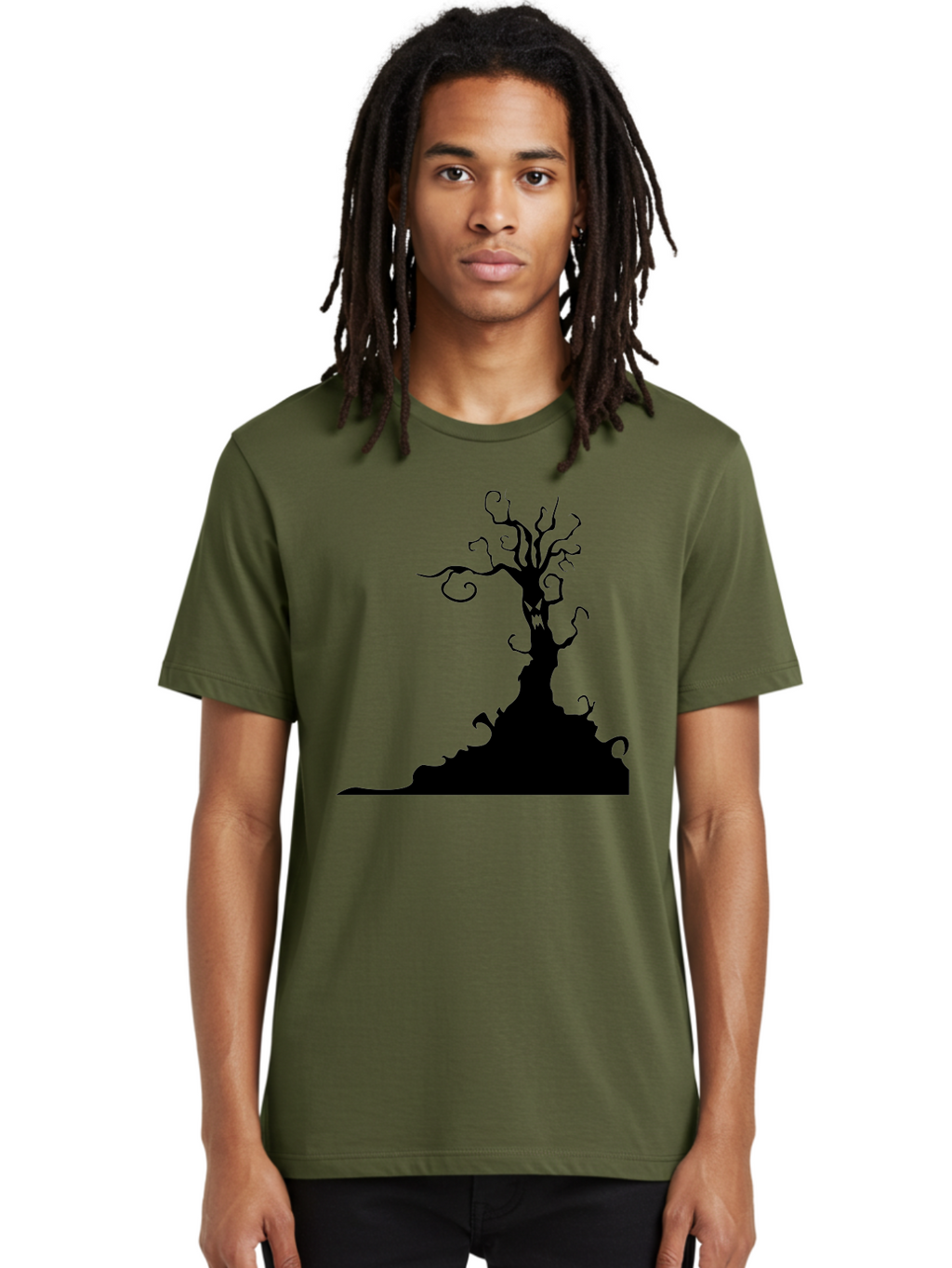 Tree-Silhouette Men'S Graphic Tee, 100% Cotton, Comfortable Casual Summer Wear, Machine Washable, Twisted Tree, Spooky Atmosphere, Mysterious Forest, Gothic Landscape, Bare Branches, Eerie Silhouette, Dark Fantasy, Haunting Imagery Aab235