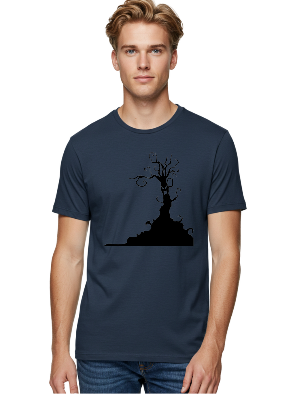 Tree-Silhouette Men'S Graphic Tee, 100% Cotton, Comfortable Casual Summer Wear, Machine Washable, Twisted Tree, Spooky Atmosphere, Mysterious Forest, Gothic Landscape, Bare Branches, Eerie Silhouette, Dark Fantasy, Haunting Imagery Aab235