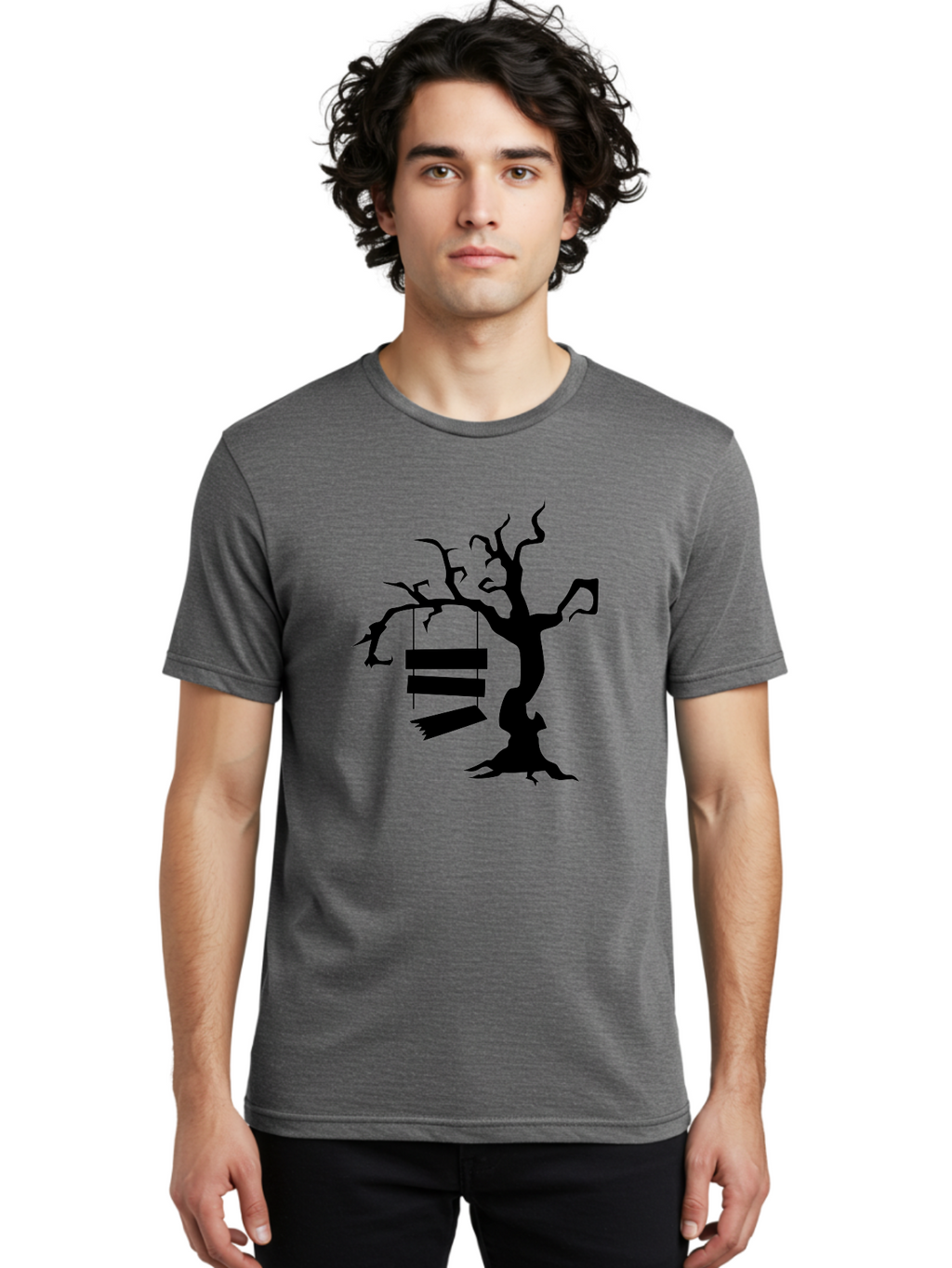 Tree-Swing-Silhouette Men'S Graphic Tee, 100% Cotton, Comfortable Casual Summer Wear, Machine Washable, Tree Swing, Spooky Tree, Twisted Branches, Wooden Planks, Eerie Atmosphere, Haunting Decor, Halloween Theme, Gothic Style Aab236