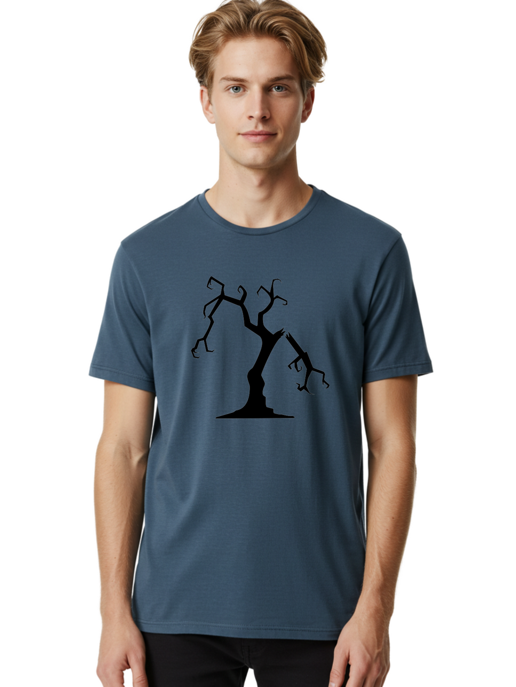 Twisted-Tree Men'S Graphic Tee, 100% Cotton, Comfortable Casual Summer Wear, Machine Washable, Dead Tree, Bare Branches, Twisted Limbs, Spooky Atmosphere, Dark Silhouette, Halloween Theme, Eerie Landscape, Gothic Aesthetic, Mysterious Forest, Aab237