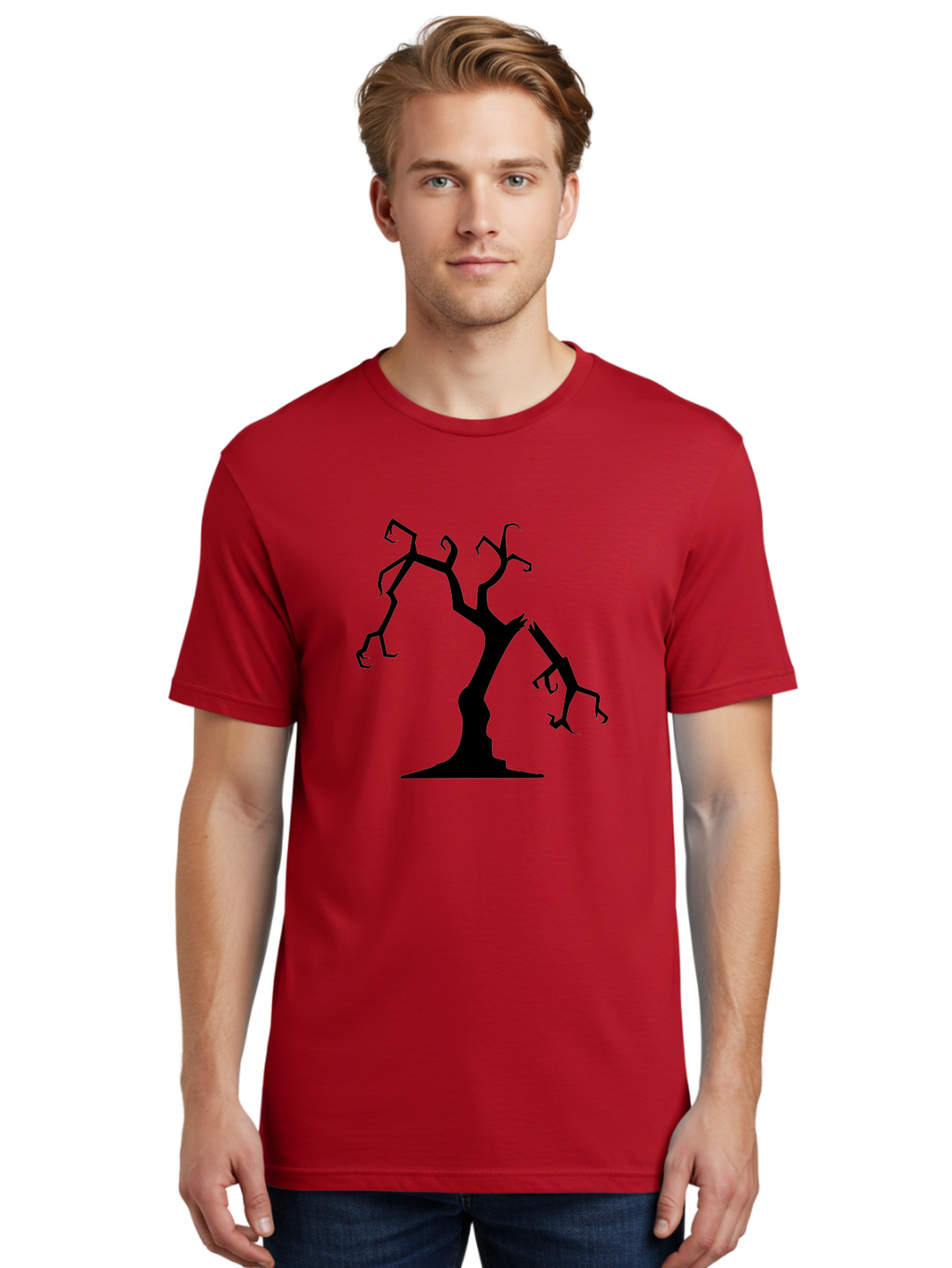 Twisted-Tree Men'S Graphic Tee, 100% Cotton, Comfortable Casual Summer Wear, Machine Washable, Dead Tree, Bare Branches, Twisted Limbs, Spooky Atmosphere, Dark Silhouette, Halloween Theme, Eerie Landscape, Gothic Aesthetic, Mysterious Forest, Aab237