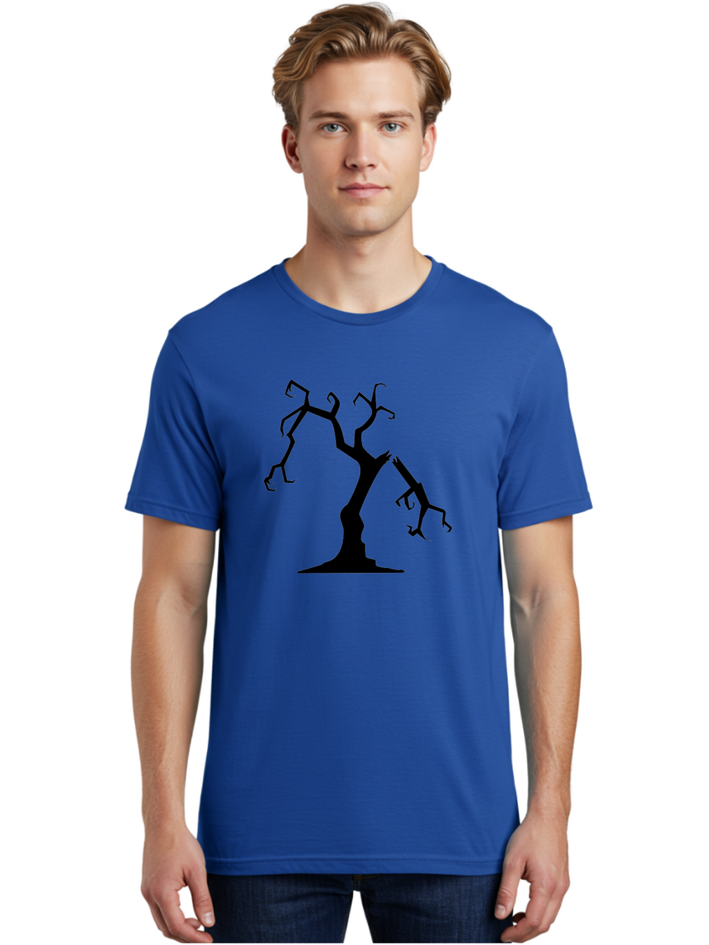Twisted-Tree Men'S Graphic Tee, 100% Cotton, Comfortable Casual Summer Wear, Machine Washable, Dead Tree, Bare Branches, Twisted Limbs, Spooky Atmosphere, Dark Silhouette, Halloween Theme, Eerie Landscape, Gothic Aesthetic, Mysterious Forest, Aab237