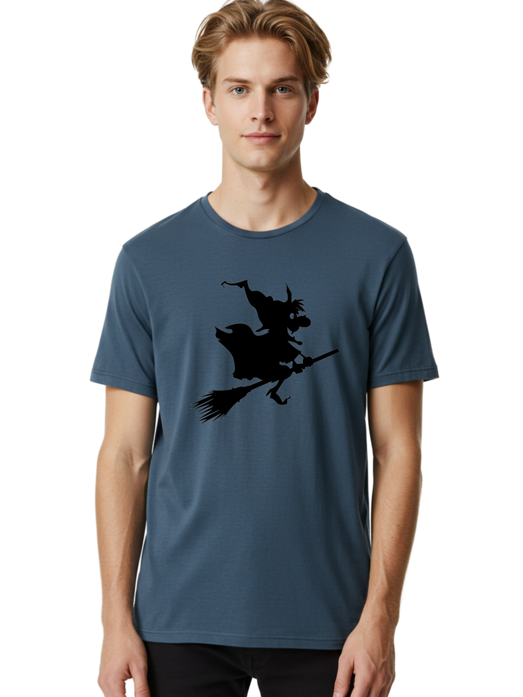 Witch-On-Broomstick Men'S Graphic Tee, 100% Cotton, Comfortable Casual Summer Wear, Machine Washable, Witch On Broomstick, Flying Witch, Halloween Character, Silhouette Art, Magical Creature, Spooky Theme, Mysterious Atmosphere, Aab239