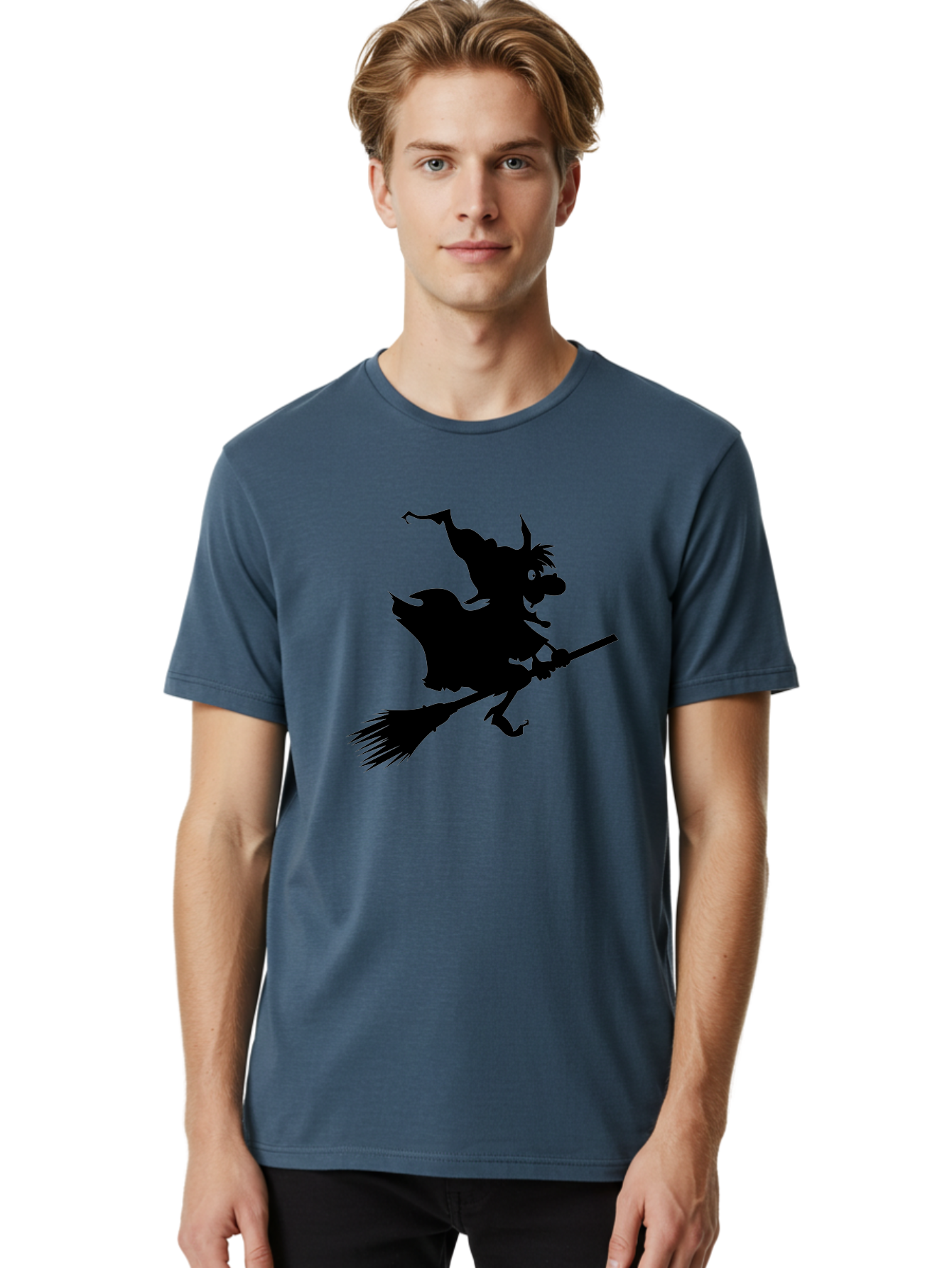 Witch-On-Broomstick Men'S Graphic Tee, 100% Cotton, Comfortable Casual Summer Wear, Machine Washable, Witch On Broomstick, Flying Witch, Halloween Character, Silhouette Art, Magical Creature, Spooky Theme, Mysterious Atmosphere, Aab239
