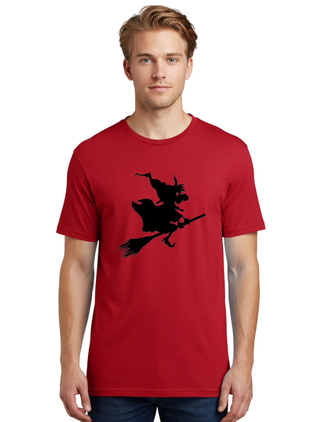 Witch-On-Broomstick Men'S Graphic Tee, 100% Cotton, Comfortable Casual Summer Wear, Machine Washable, Witch On Broomstick, Flying Witch, Halloween Character, Silhouette Art, Magical Creature, Spooky Theme, Mysterious Atmosphere, Aab239
