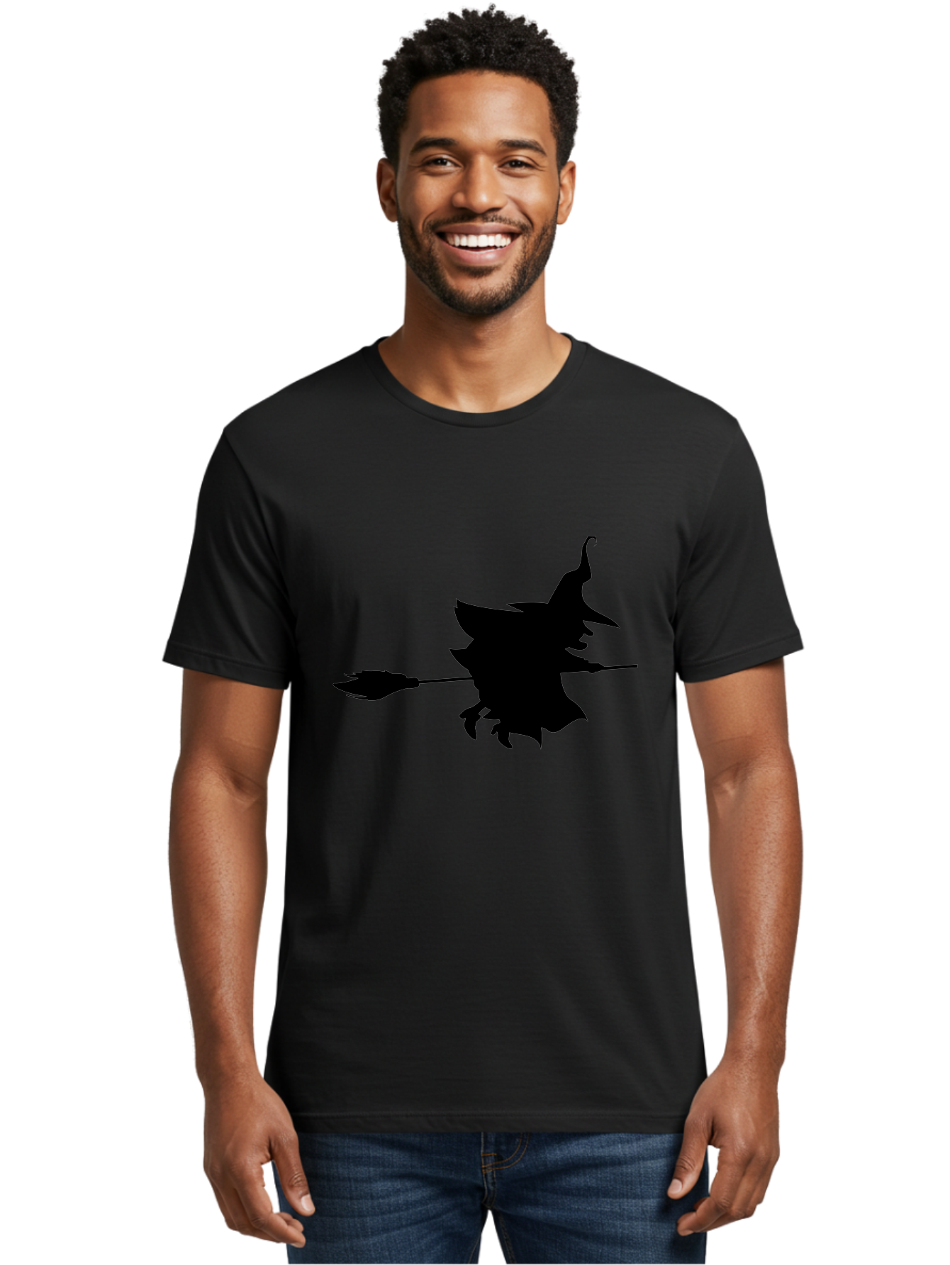 Witch-Silhouette Men'S Graphic Tee, 100% Cotton, Comfortable Casual Summer Wear, Machine Washable, Witch Silhouette, Flying On Broomstick, Halloween Magic, Spooky Atmosphere, Mystical Powers, Flying Witch, Halloween Theme Aab240