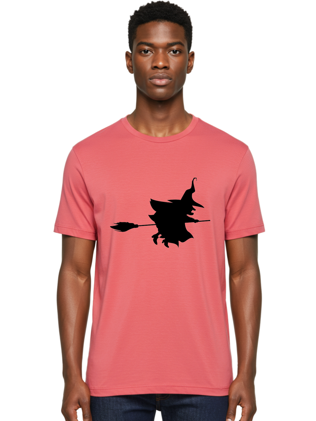 Witch-Silhouette Men'S Graphic Tee, 100% Cotton, Comfortable Casual Summer Wear, Machine Washable, Witch Silhouette, Flying On Broomstick, Halloween Magic, Spooky Atmosphere, Mystical Powers, Flying Witch, Halloween Theme Aab240
