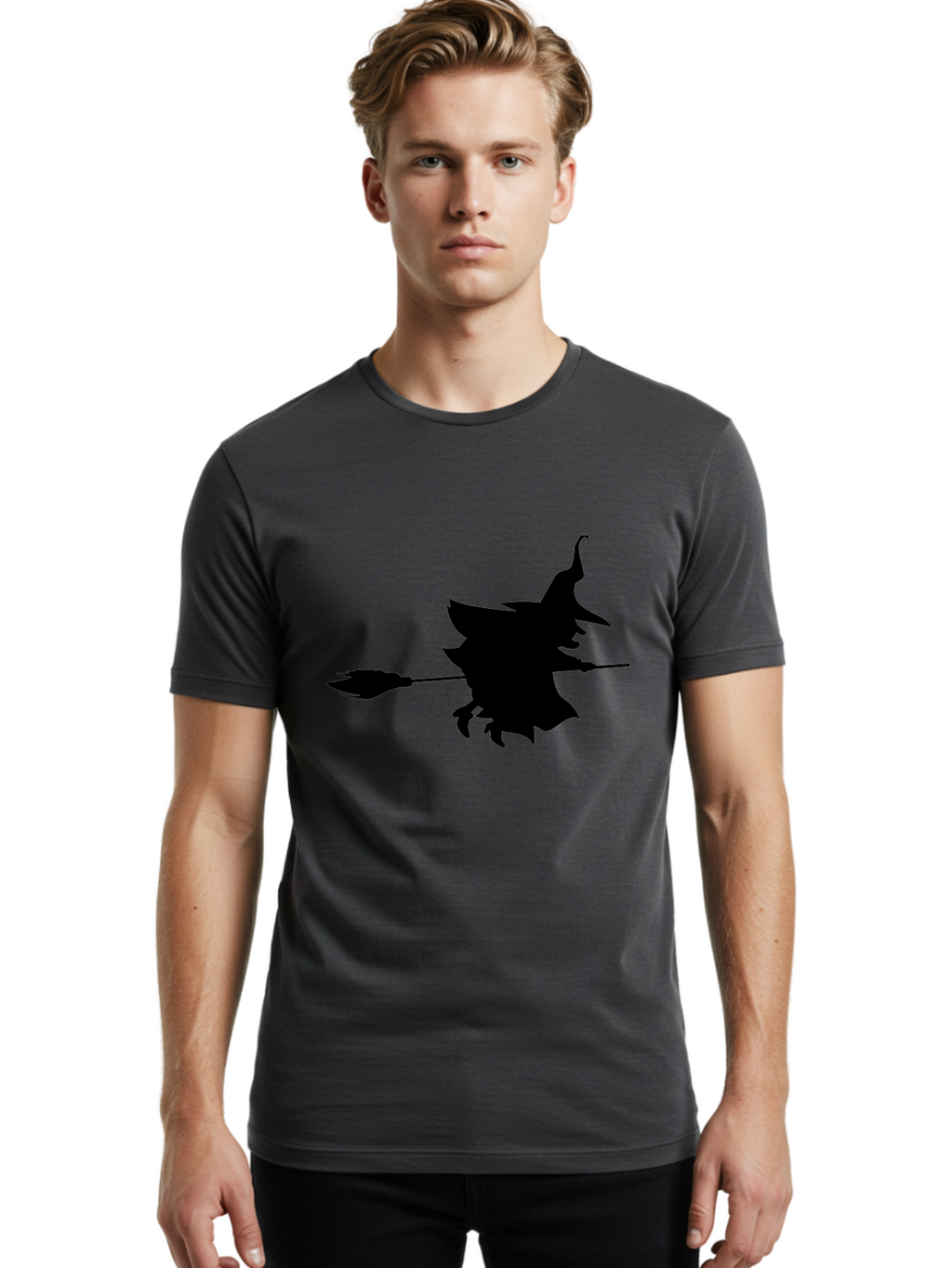 Witch-Silhouette Men'S Graphic Tee, 100% Cotton, Comfortable Casual Summer Wear, Machine Washable, Witch Silhouette, Flying On Broomstick, Halloween Magic, Spooky Atmosphere, Mystical Powers, Flying Witch, Halloween Theme Aab240