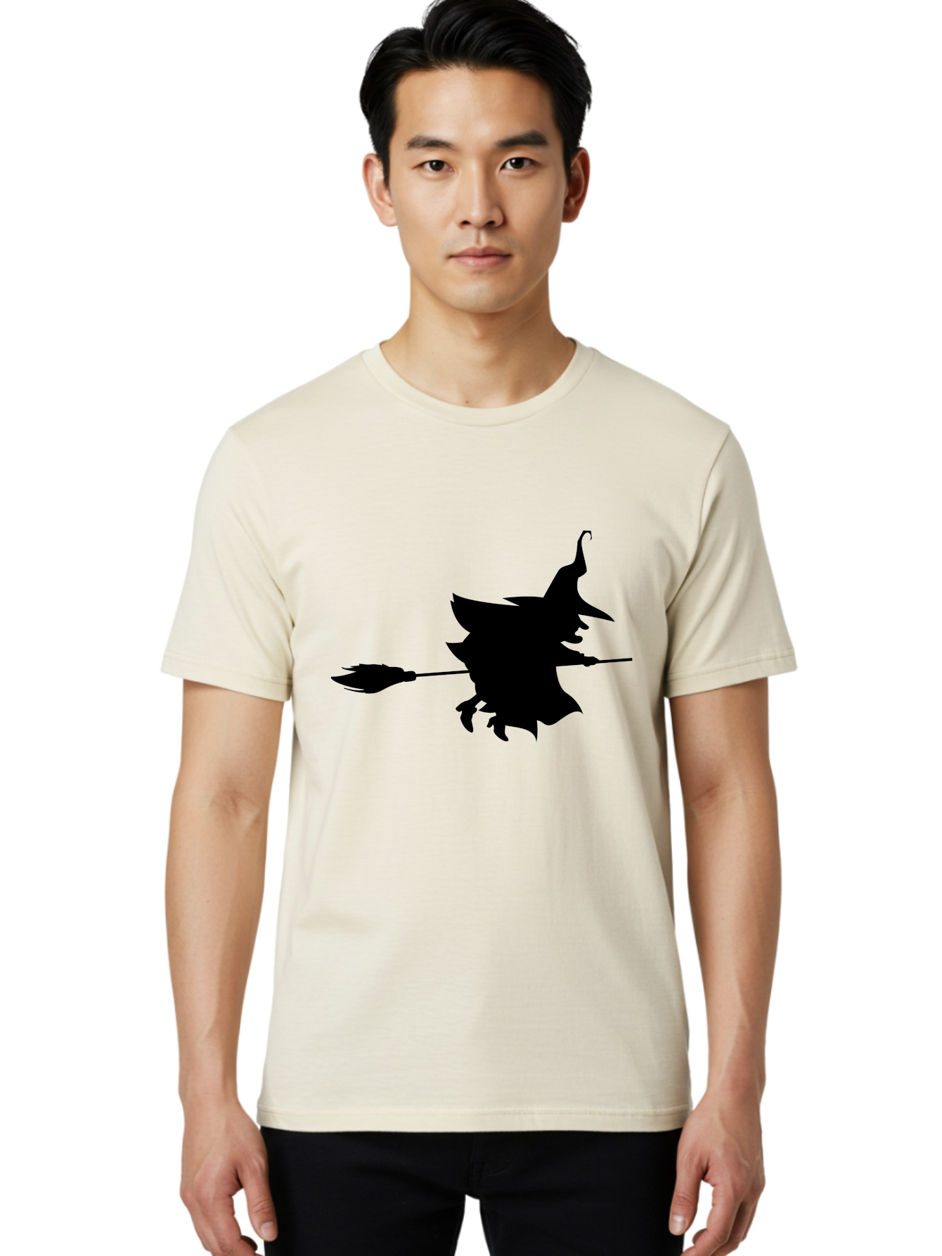 Witch-Silhouette Men'S Graphic Tee, 100% Cotton, Comfortable Casual Summer Wear, Machine Washable, Witch Silhouette, Flying On Broomstick, Halloween Magic, Spooky Atmosphere, Mystical Powers, Flying Witch, Halloween Theme Aab240