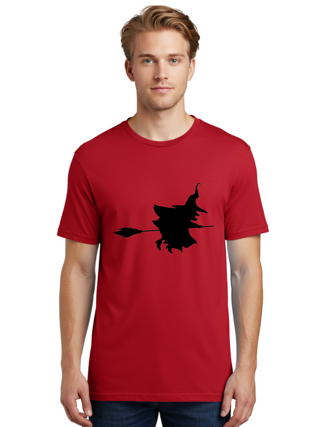 Witch-Silhouette Men'S Graphic Tee, 100% Cotton, Comfortable Casual Summer Wear, Machine Washable, Witch Silhouette, Flying On Broomstick, Halloween Magic, Spooky Atmosphere, Mystical Powers, Flying Witch, Halloween Theme Aab240