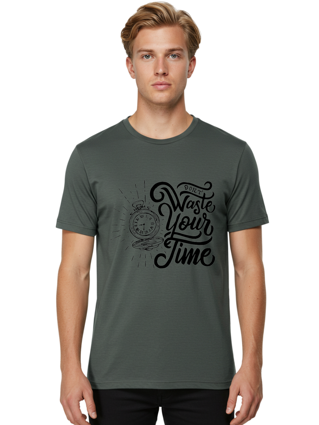 Don-T-Waste-Your-Time Men'S Graphic Tee, 100% Cotton, Comfortable Casual Summer Wear, Machine Washable, Motivational Quote, Pocket Watch, Time Management, Productivity Tips, Inspirational Sayings, Typography Art, Motivational Posters Aab244
