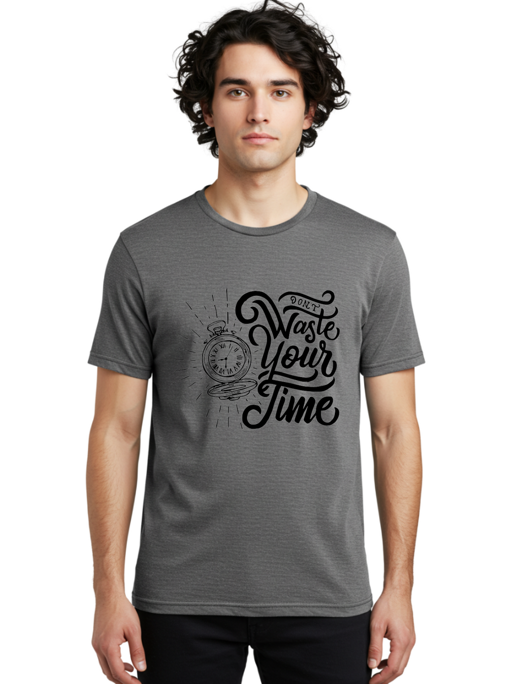 Don-T-Waste-Your-Time Men'S Graphic Tee, 100% Cotton, Comfortable Casual Summer Wear, Machine Washable, Motivational Quote, Pocket Watch, Time Management, Productivity Tips, Inspirational Sayings, Typography Art, Motivational Posters Aab244