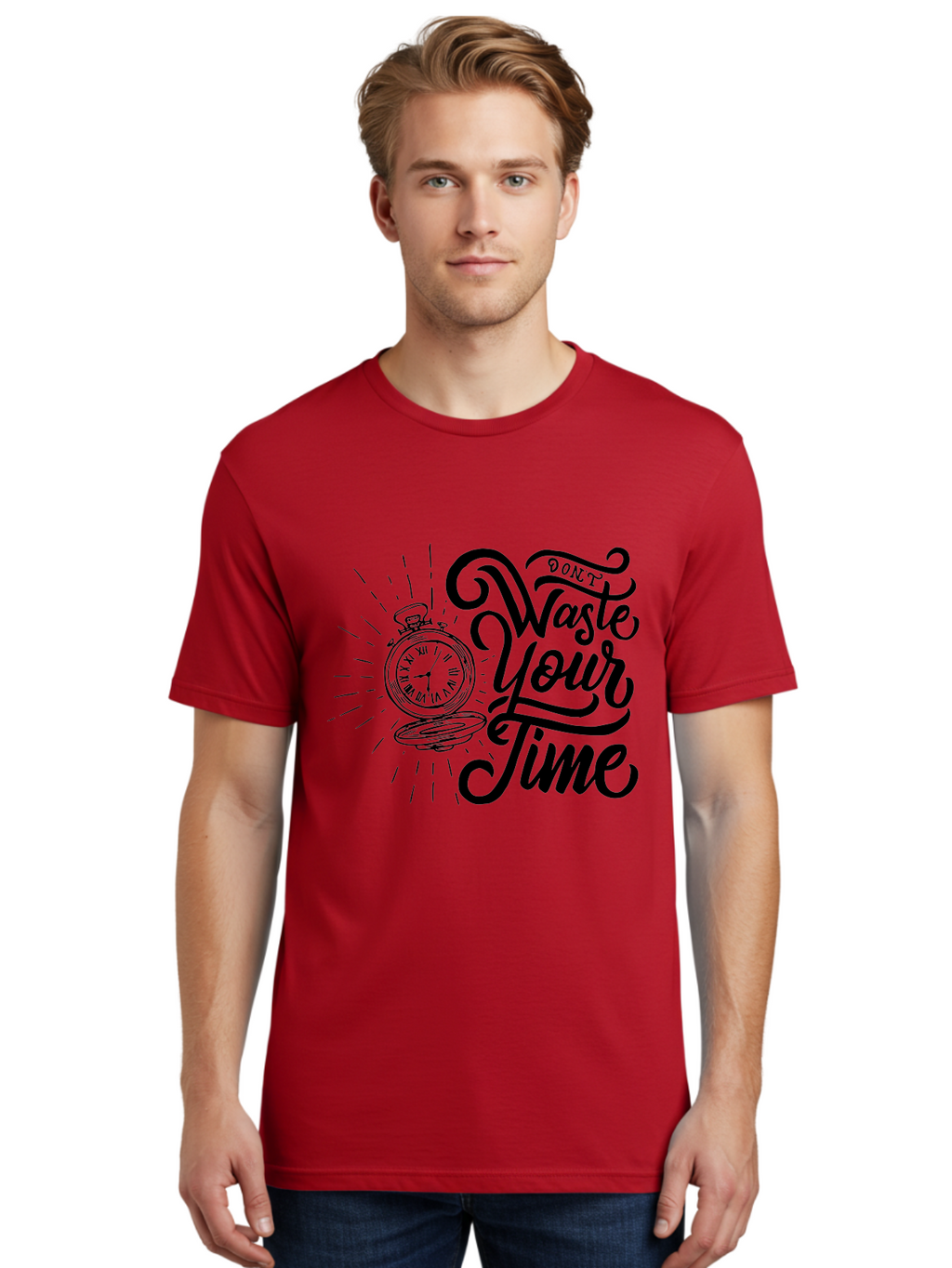 Don-T-Waste-Your-Time Men'S Graphic Tee, 100% Cotton, Comfortable Casual Summer Wear, Machine Washable, Motivational Quote, Pocket Watch, Time Management, Productivity Tips, Inspirational Sayings, Typography Art, Motivational Posters Aab244