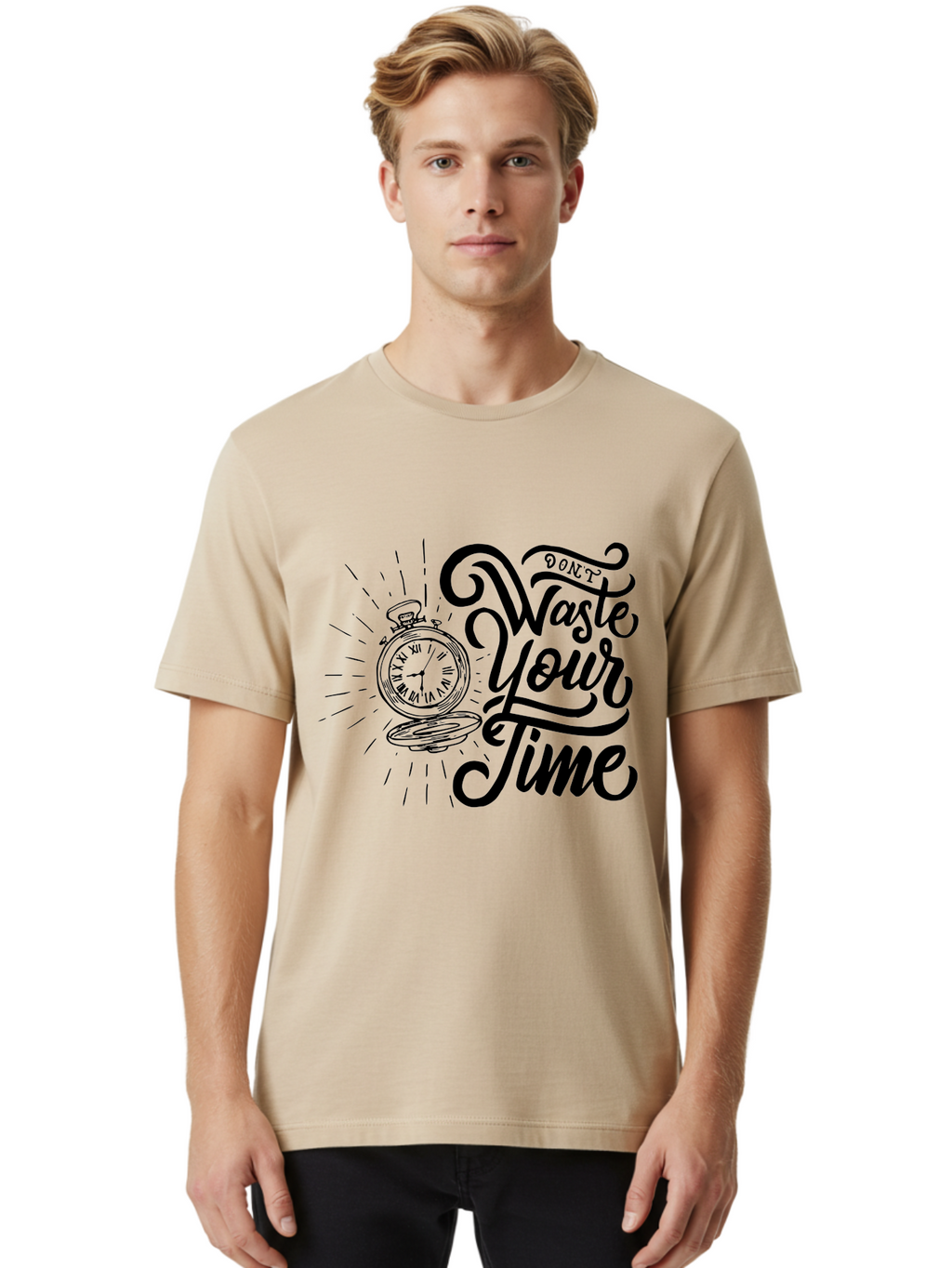 Don-T-Waste-Your-Time Men'S Graphic Tee, 100% Cotton, Comfortable Casual Summer Wear, Machine Washable, Motivational Quote, Pocket Watch, Time Management, Productivity Tips, Inspirational Sayings, Typography Art, Motivational Posters Aab244