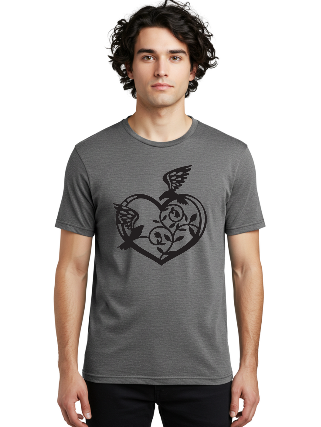 Birds-Heart Men'S Graphic Tee, 100% Cotton, Comfortable Casual Summer Wear, Machine Washable, Two Birds, Flying Birds, Heart Shape, Floral Design, Leafy Patterns, Love Symbol, Romantic Imagery, Bird Silhouettes, Whimsical Art, Elegant Design Aab257