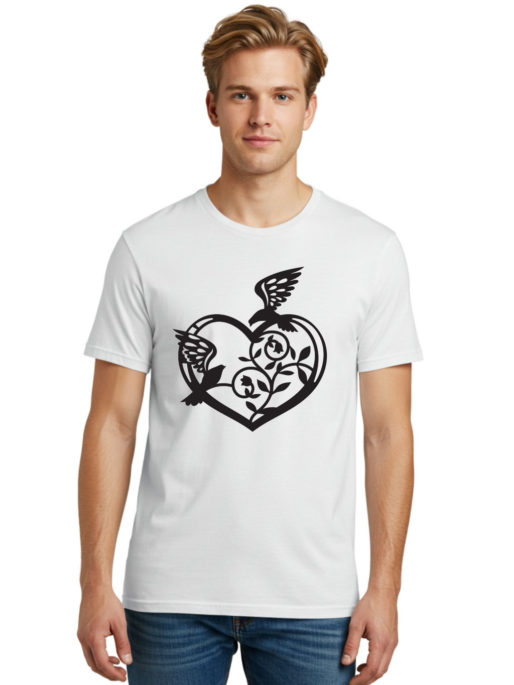 Birds-Heart Men'S Graphic Tee, 100% Cotton, Comfortable Casual Summer Wear, Machine Washable, Two Birds, Flying Birds, Heart Shape, Floral Design, Leafy Patterns, Love Symbol, Romantic Imagery, Bird Silhouettes, Whimsical Art, Elegant Design Aab257