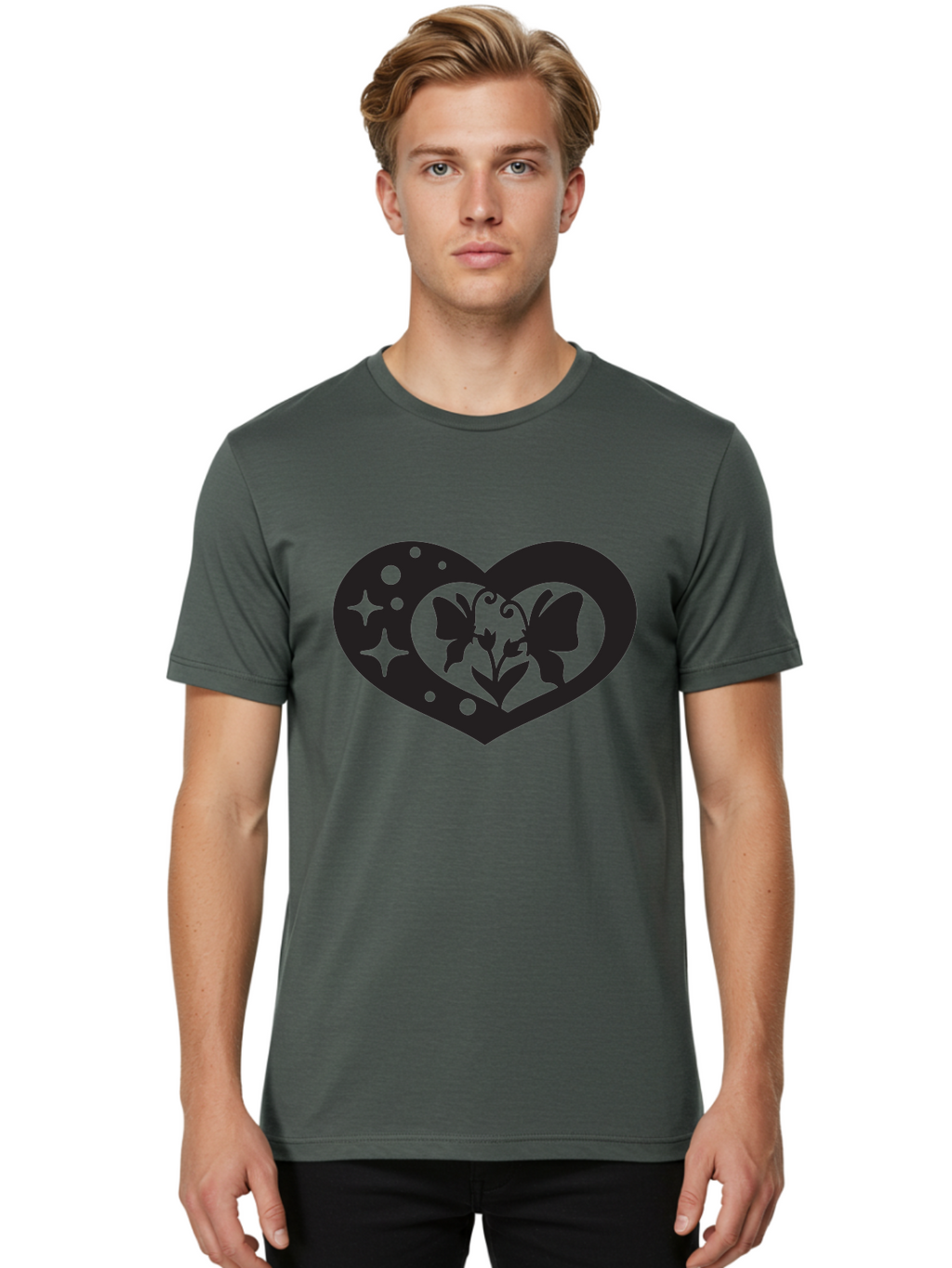Butterfly-Heart Men'S Graphic Tee, 100% Cotton, Comfortable Casual Summer Wear, Machine Washable, Heart Shape, Butterfly Silhouette, Floral Design, Whimsical Graphics, Decorative Art, Symbolic Heart, Nature-Inspired, Mystical Charm, Aab259
