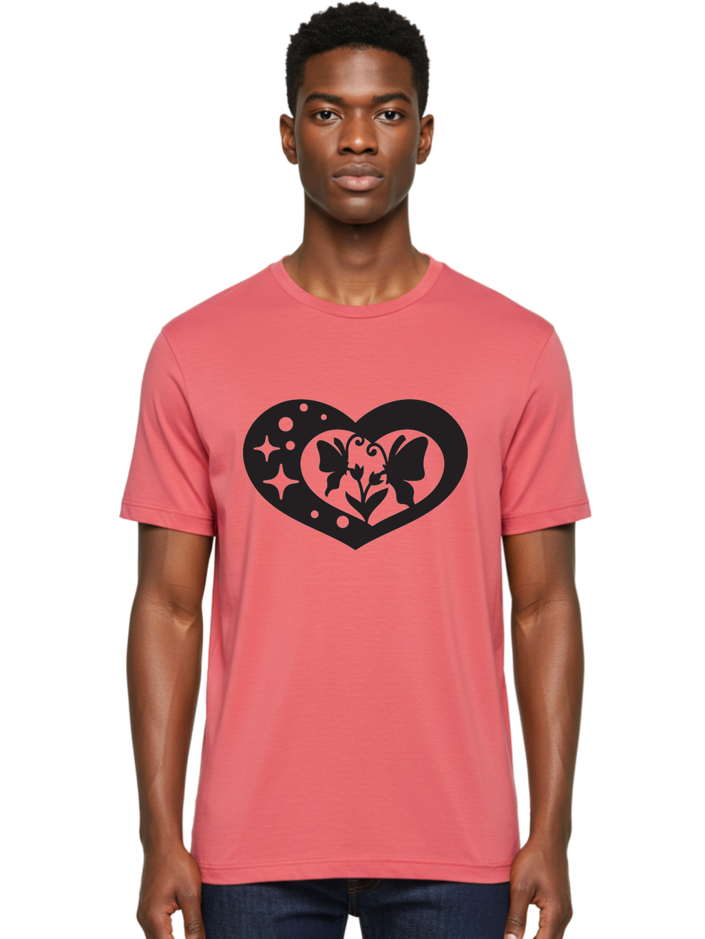 Butterfly-Heart Men'S Graphic Tee, 100% Cotton, Comfortable Casual Summer Wear, Machine Washable, Heart Shape, Butterfly Silhouette, Floral Design, Whimsical Graphics, Decorative Art, Symbolic Heart, Nature-Inspired, Mystical Charm, Aab259